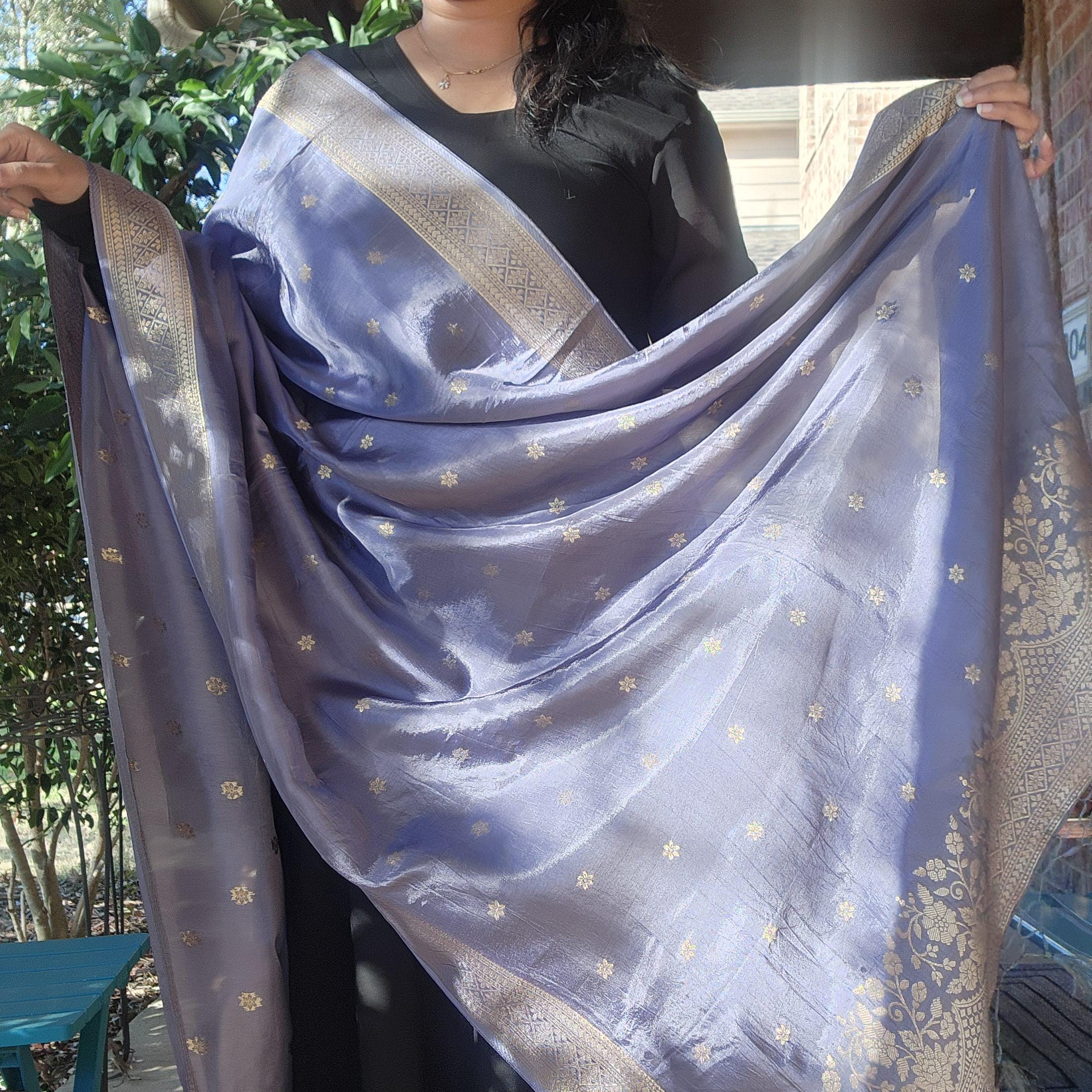 Banarasi Gray Dola Silk with Golden Zari border & Floral motifs