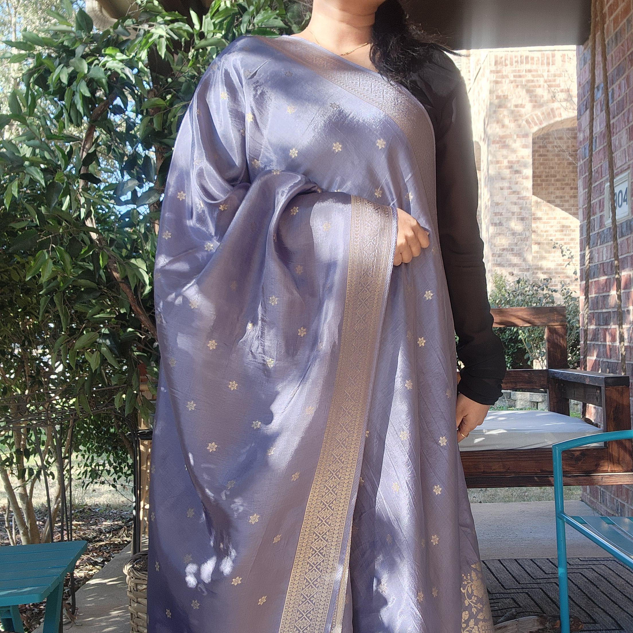 Banarasi Gray Dola Silk with Golden Zari border & Floral motifs