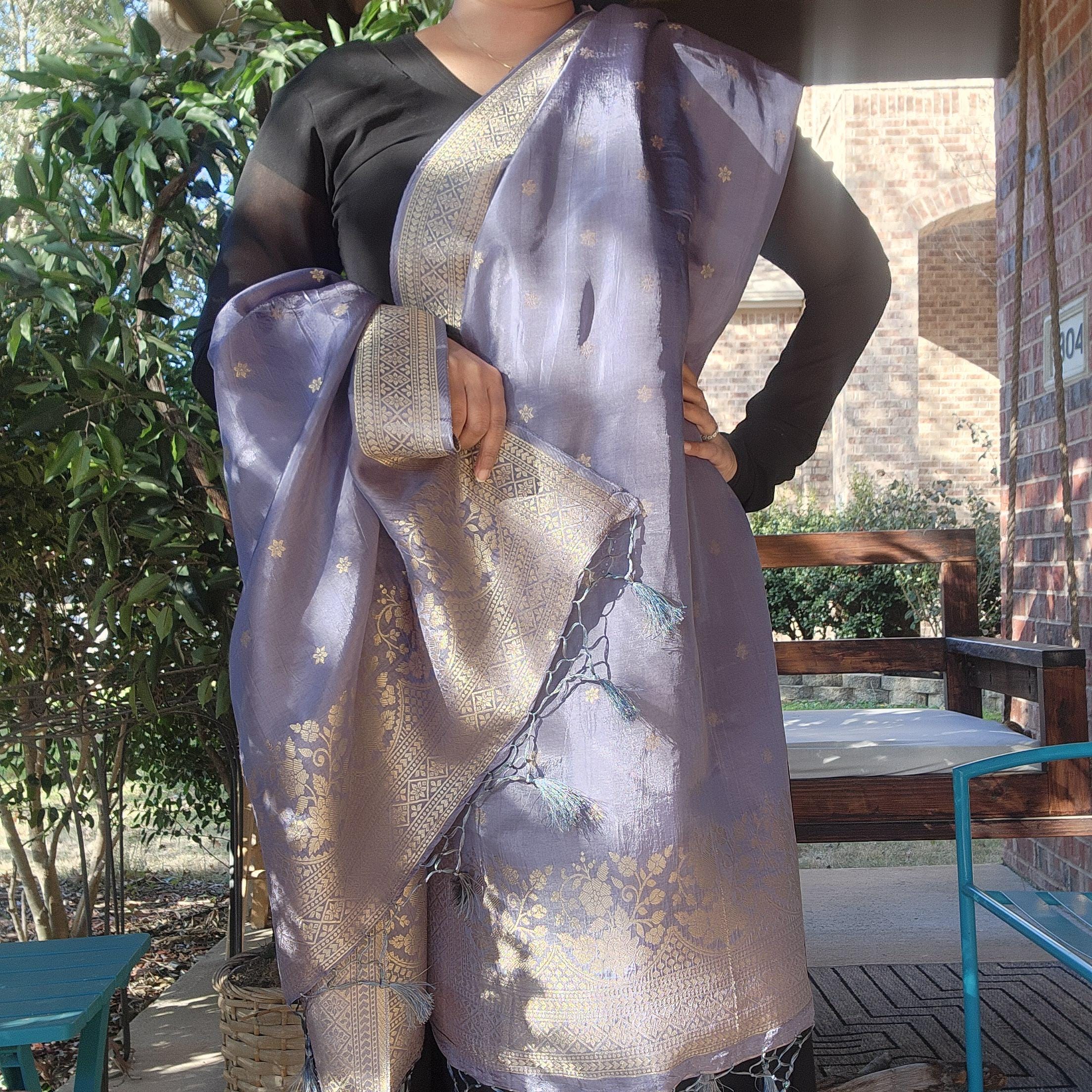 Banarasi Gray Dola Silk with Golden Zari border & Floral motifs