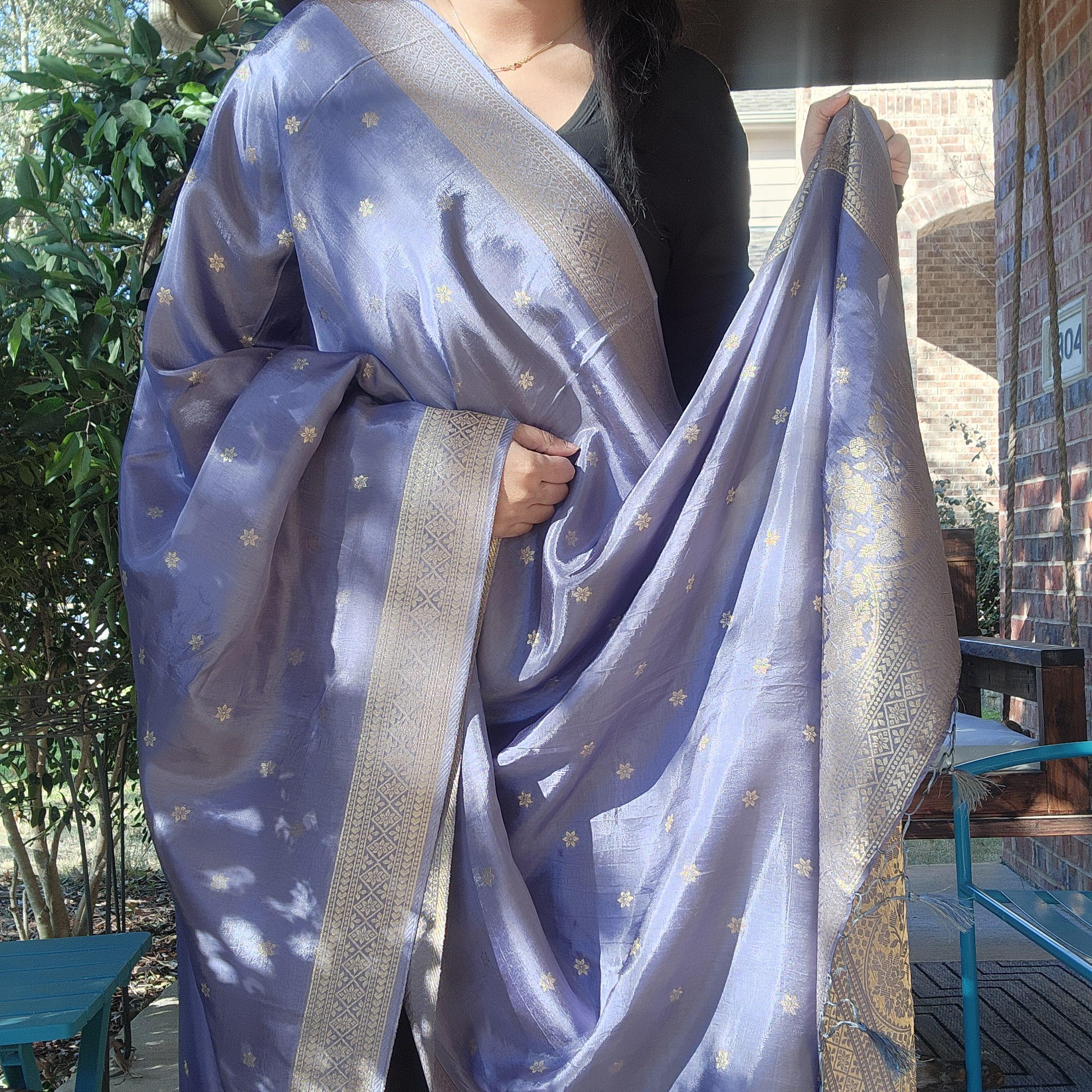 Banarasi Gray Dola Silk with Golden Zari border & Floral motifs