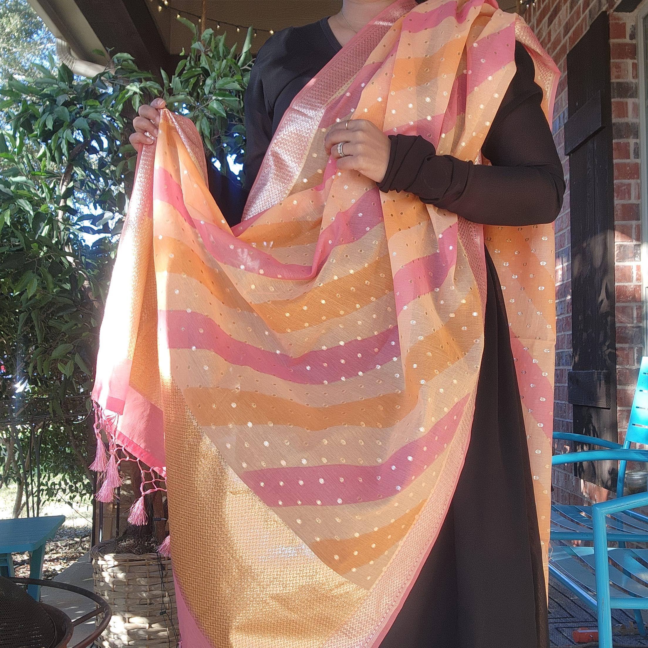 Banarasi Linen Silk Orange & Peach dupatta, Handpainted Multicolor meenakari work