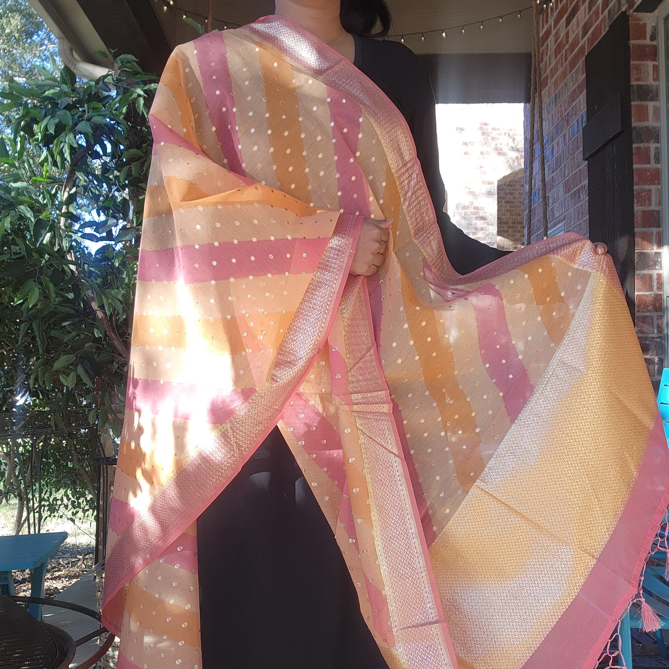 Banarasi Linen Silk Orange & Peach dupatta, Handpainted Multicolor meenakari work