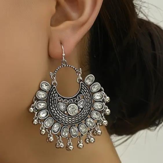 Oxidized Silver Traditional Earrings with Kundan work