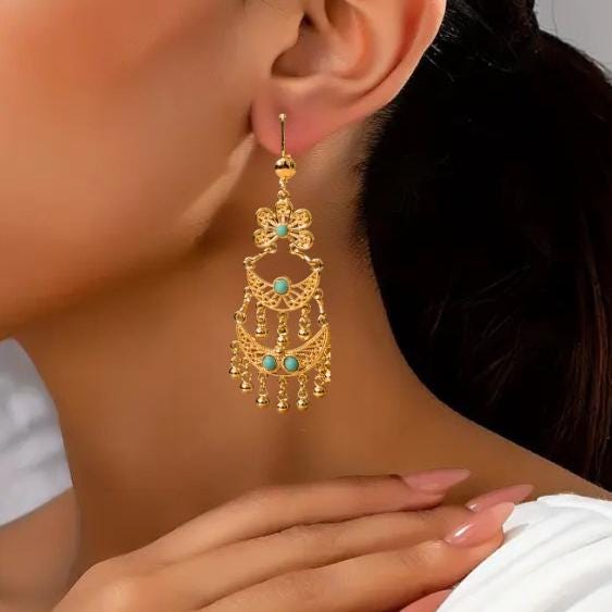 Vintage Style Golden Droplet Earrings with turquoise beads