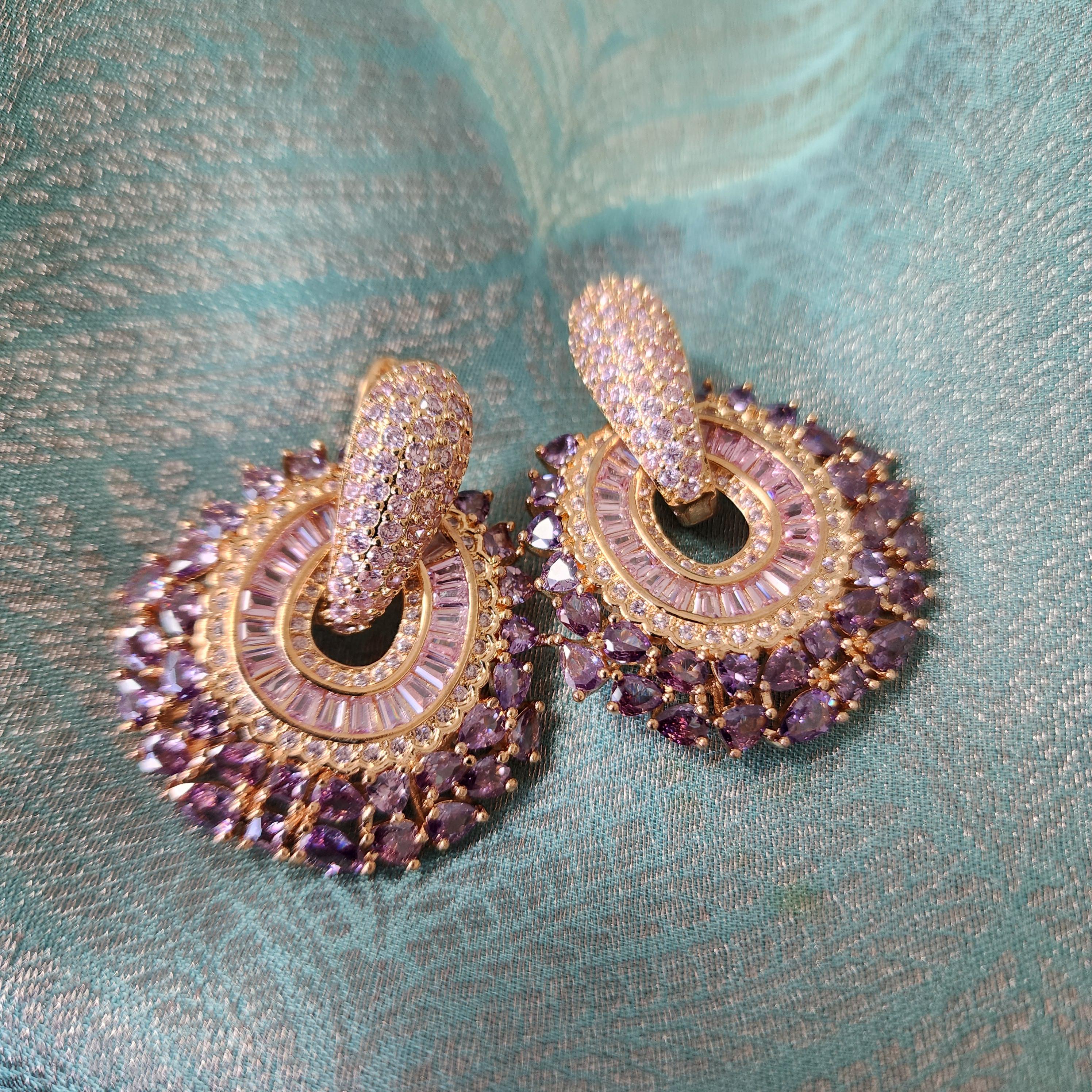 Hoop Earrings with Purple and gold rhinestones