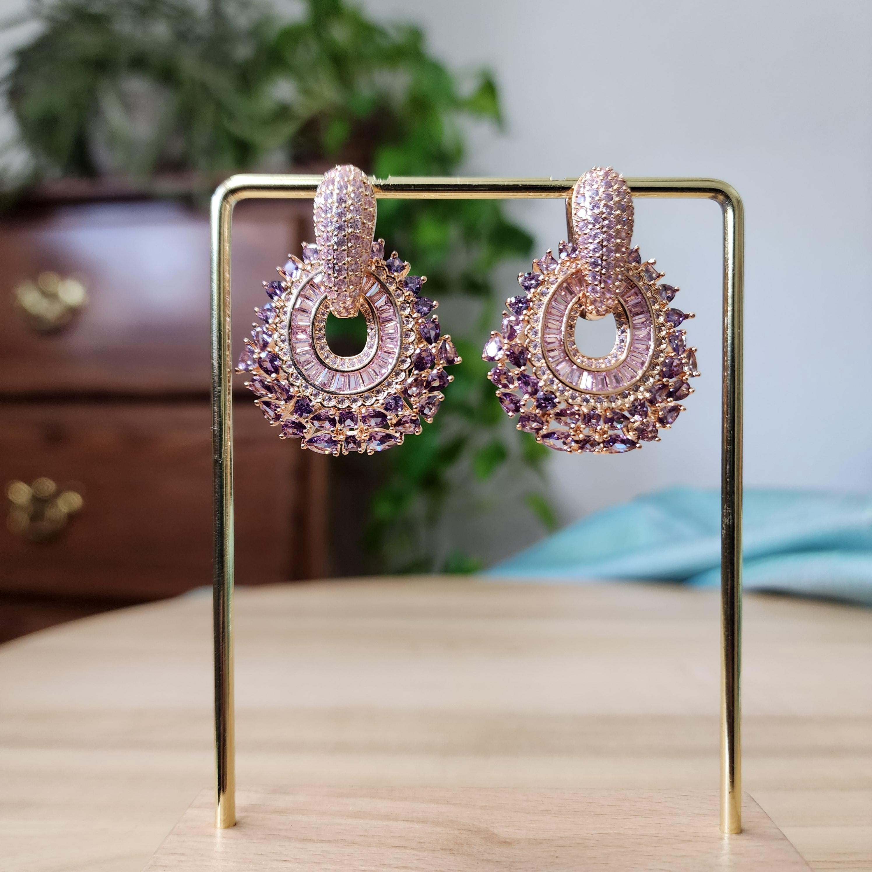 Hoop Earrings with Purple and gold rhinestones