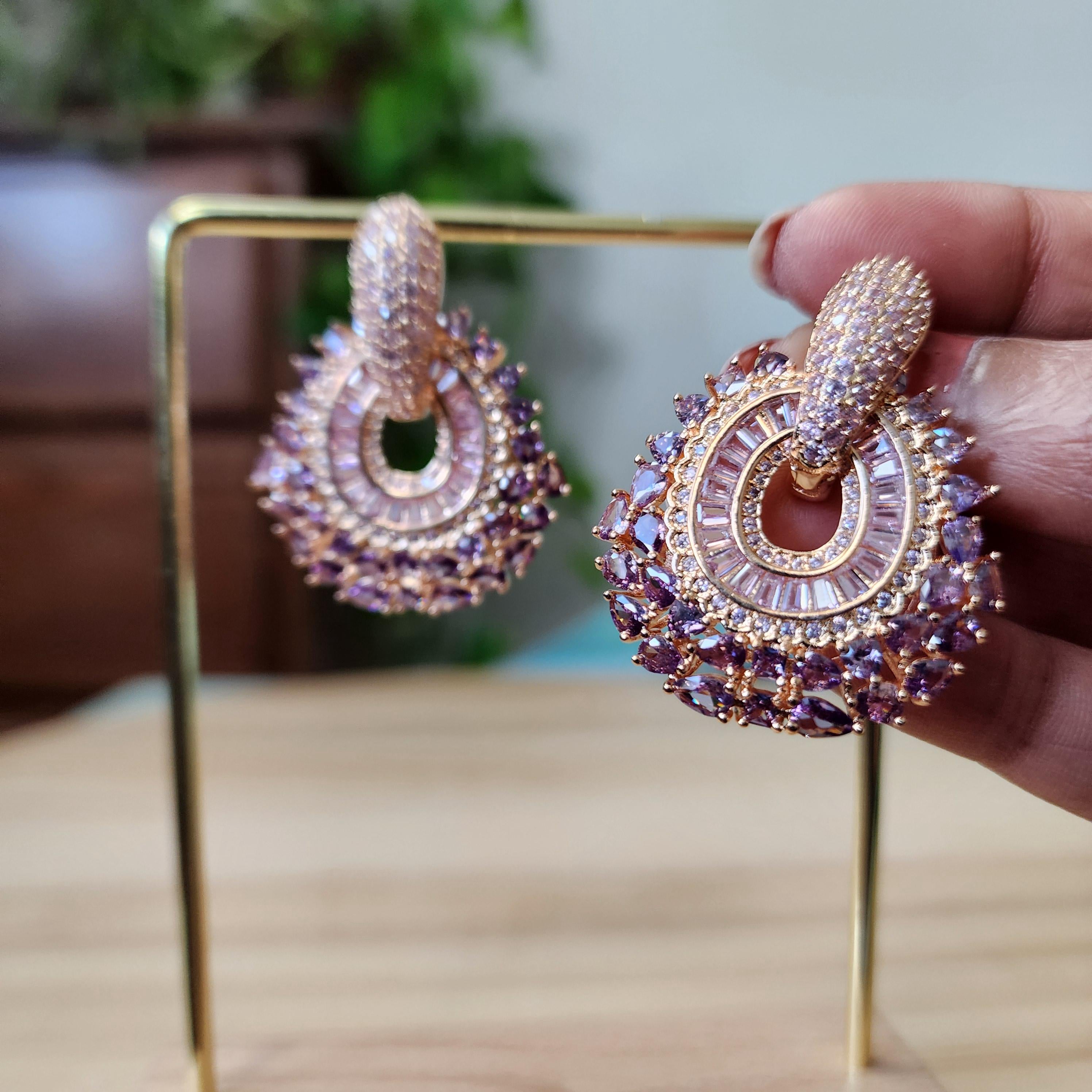 Hoop Earrings with Purple and gold rhinestones