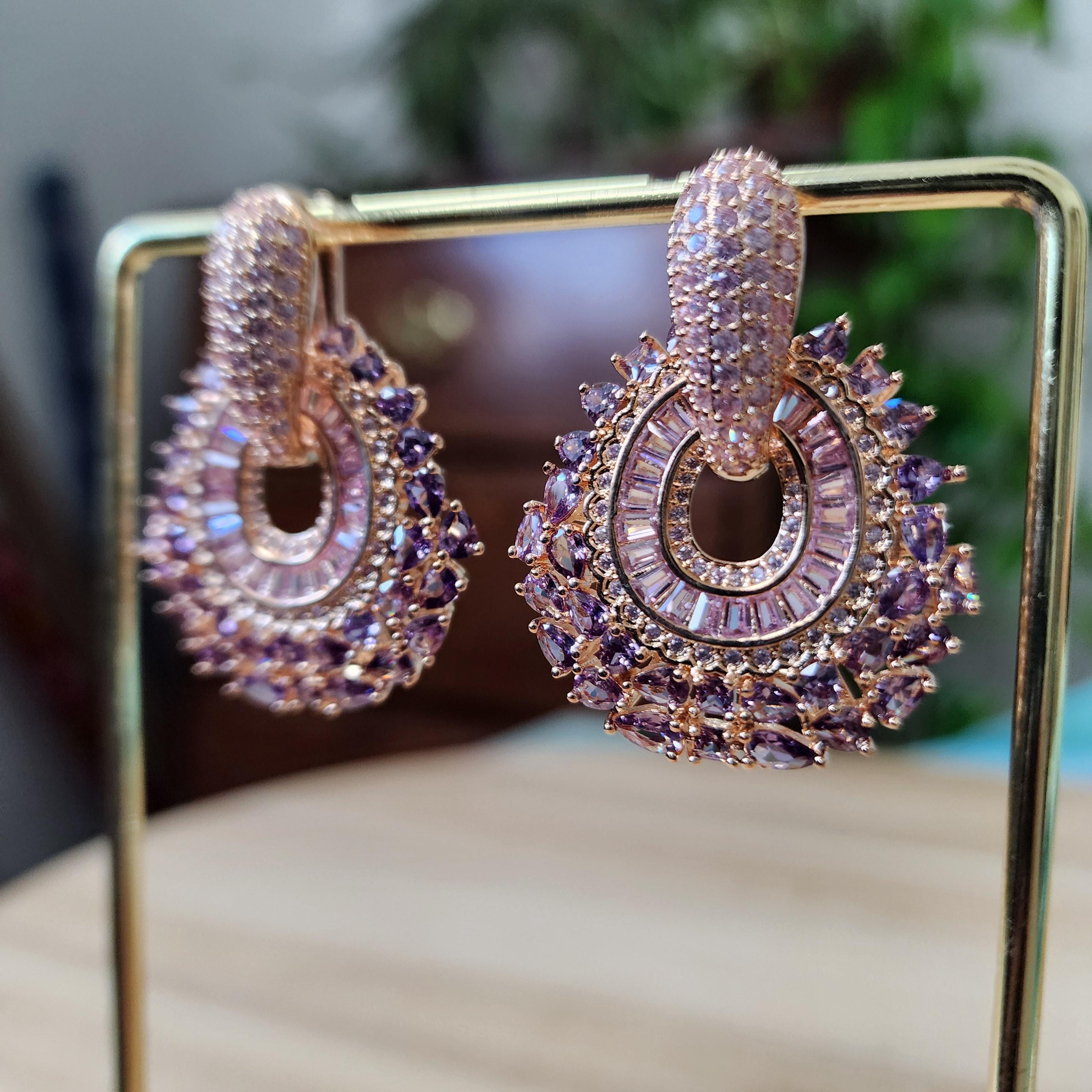 Hoop Earrings with Purple and gold rhinestones