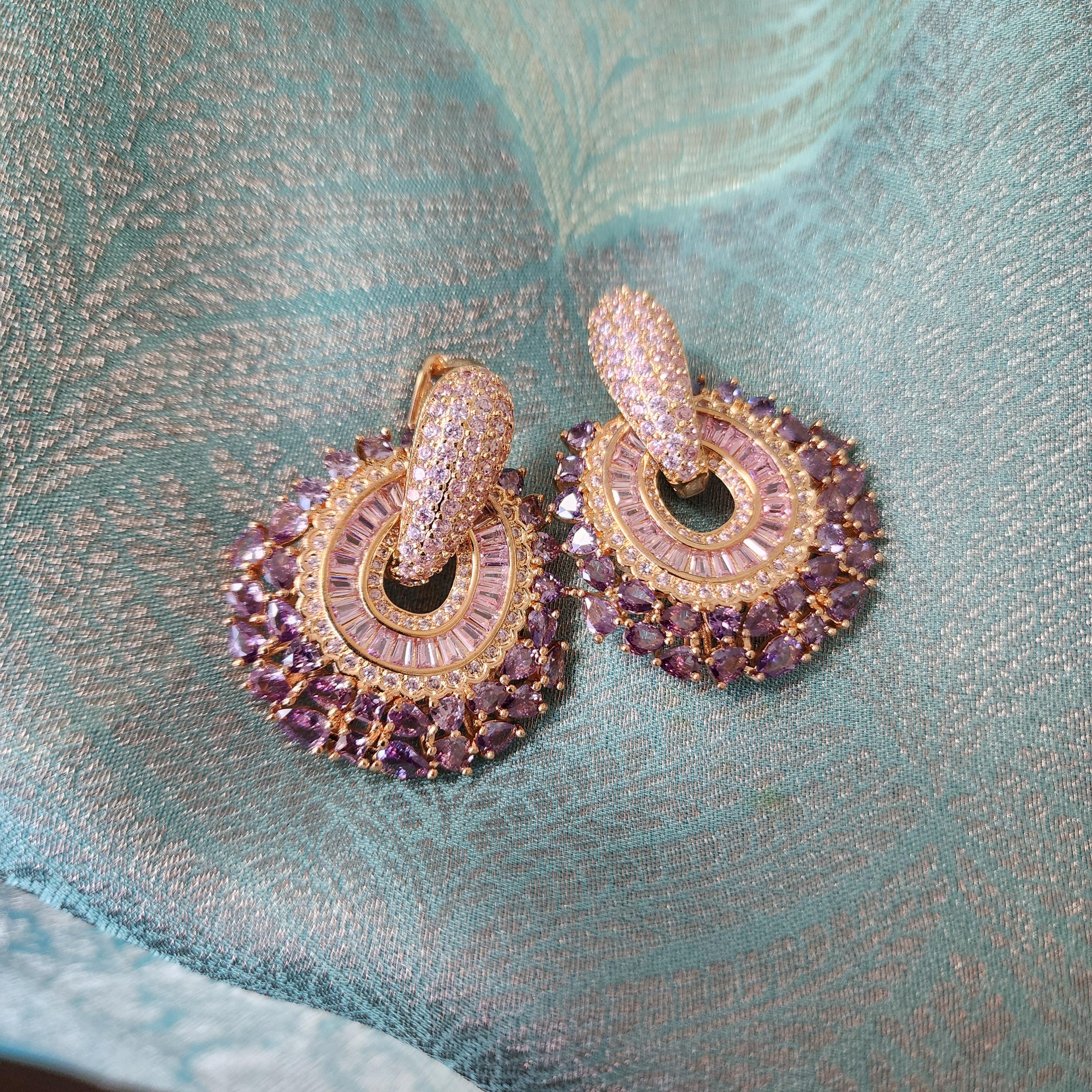 Hoop Earrings with Purple and gold rhinestones