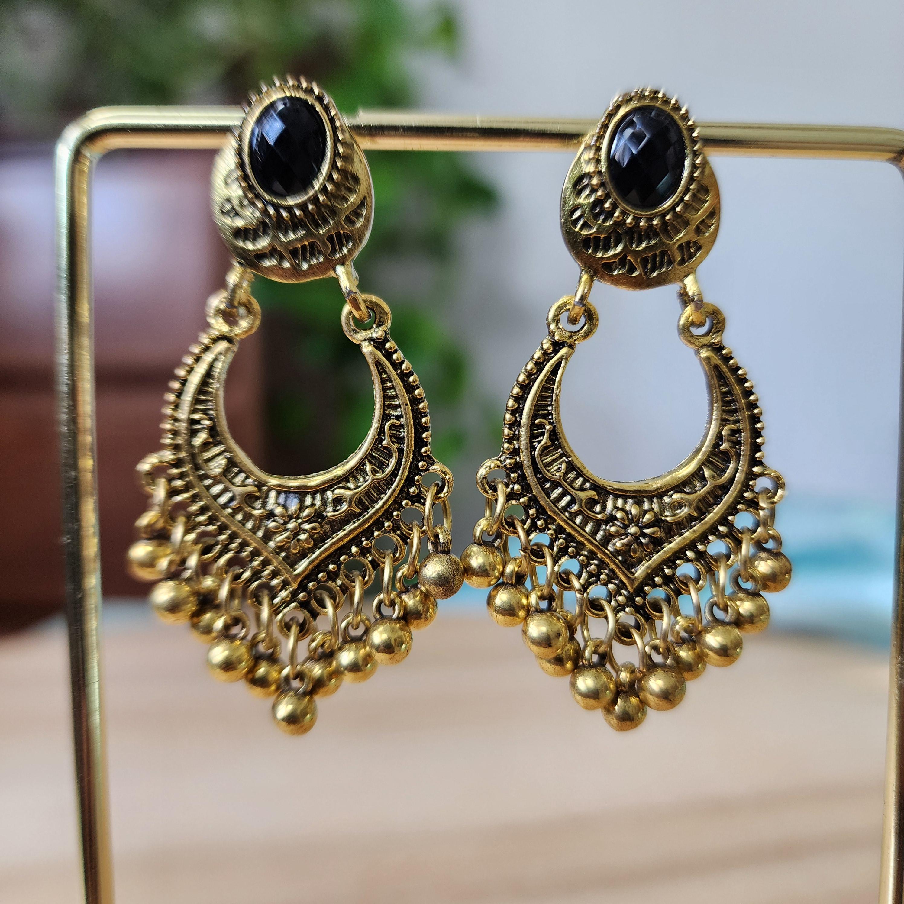 Oxidized Gold Chandbali Earrings with black stone