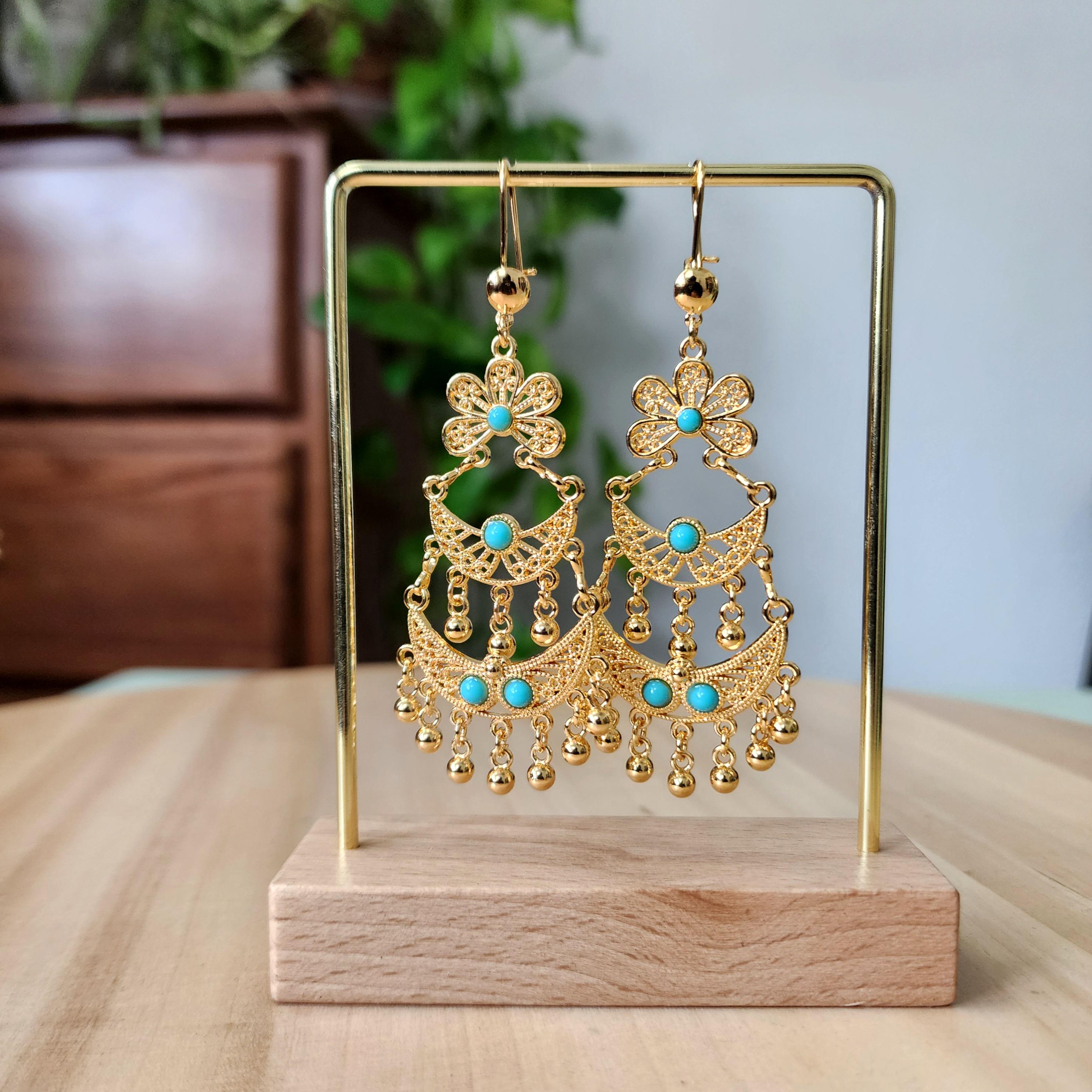 Vintage Style Golden Droplet Earrings with turquoise beads