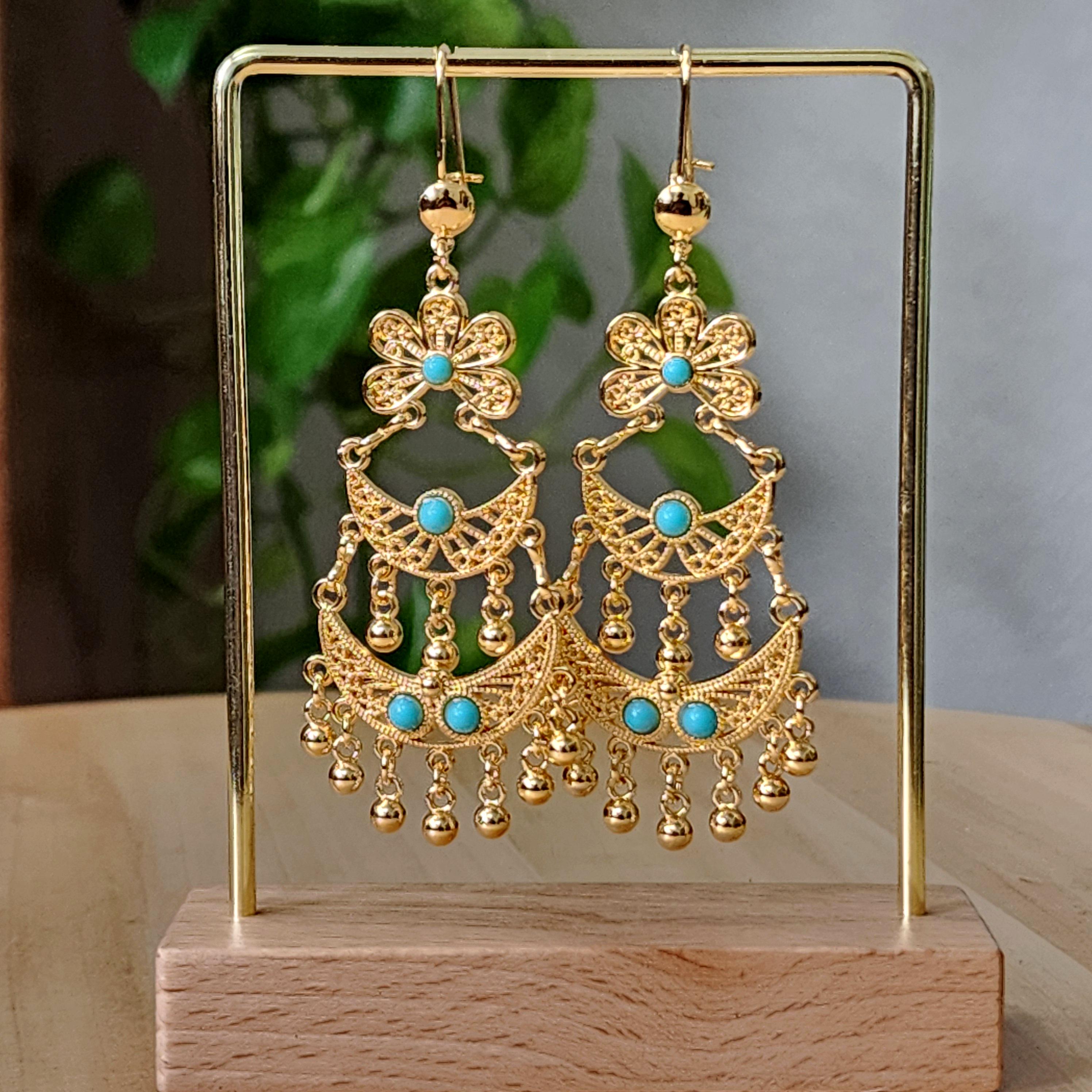 Vintage Style Golden Droplet Earrings with turquoise beads