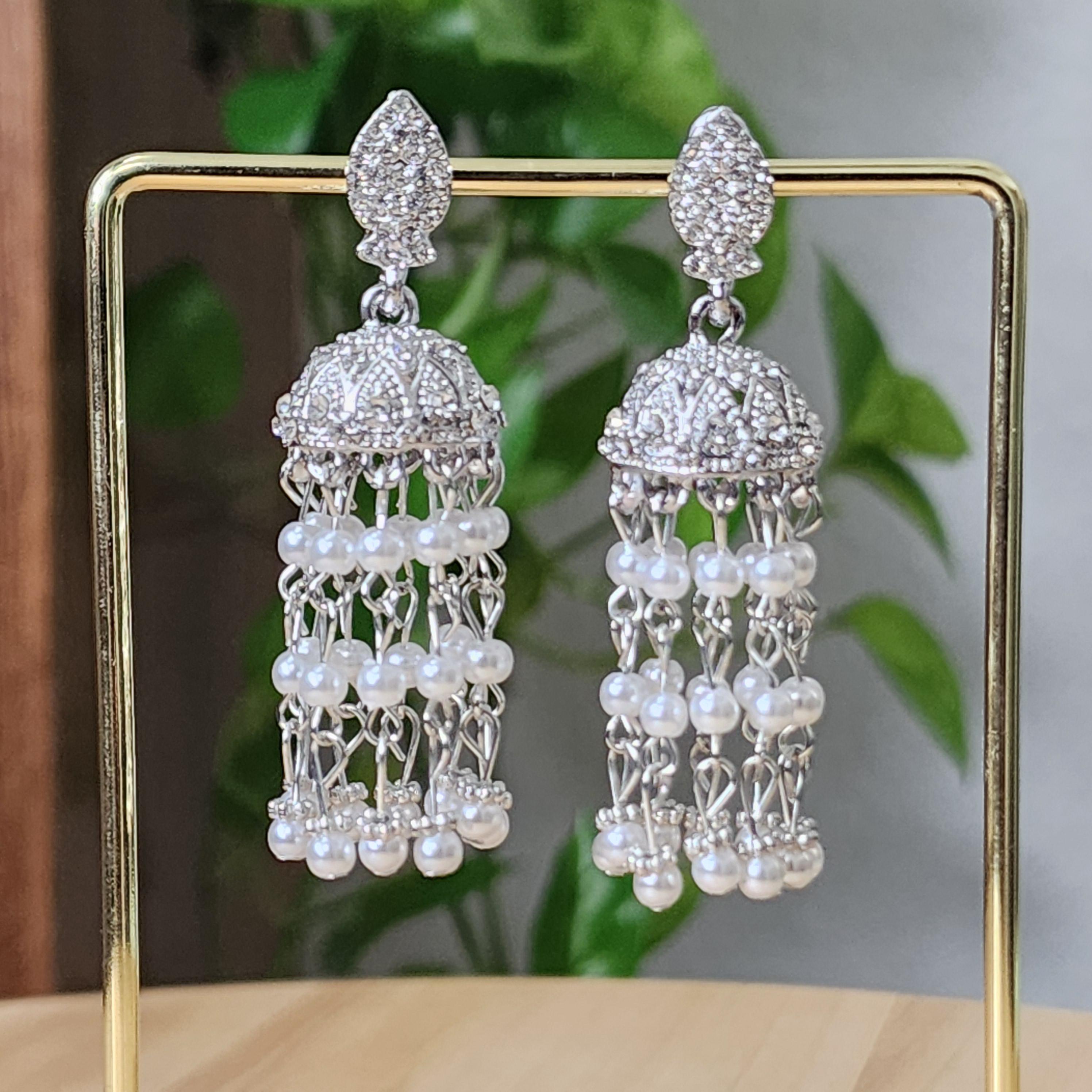 Silver Tall jhumkis with mini pearl tassles