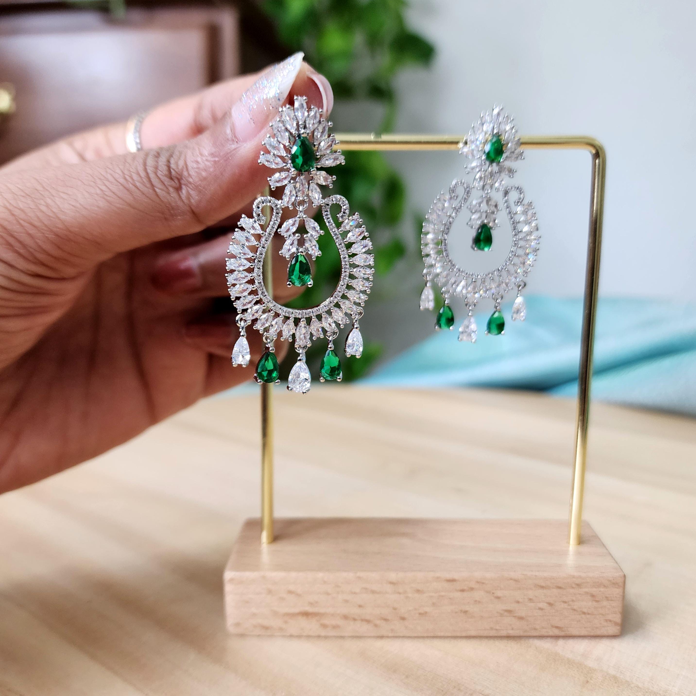 Silver Chandbali with green zirconia