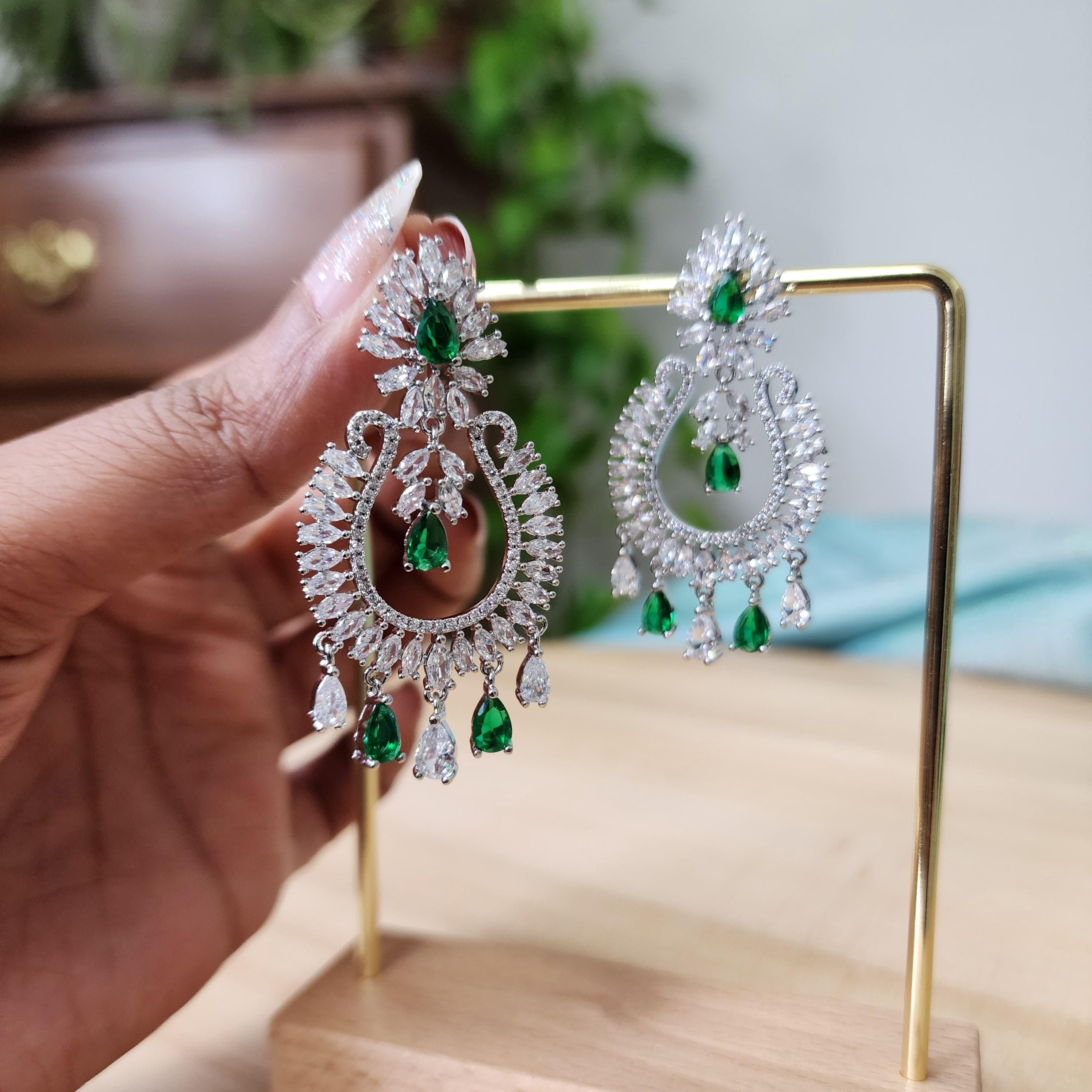 Silver Chandbali with green zirconia