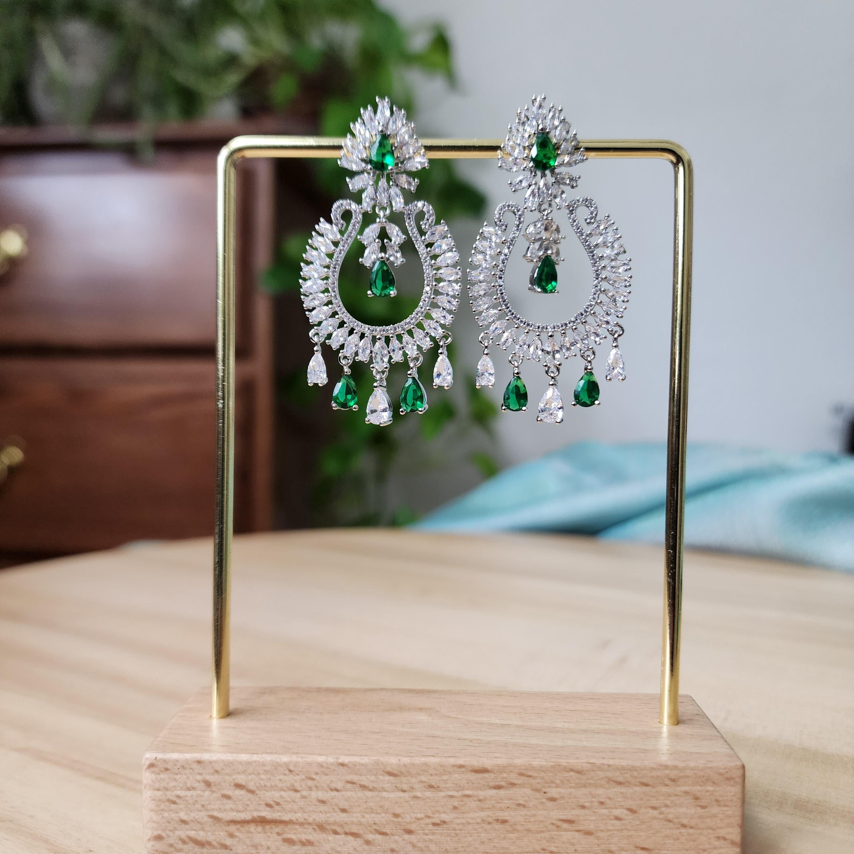 Silver Chandbali with green zirconia