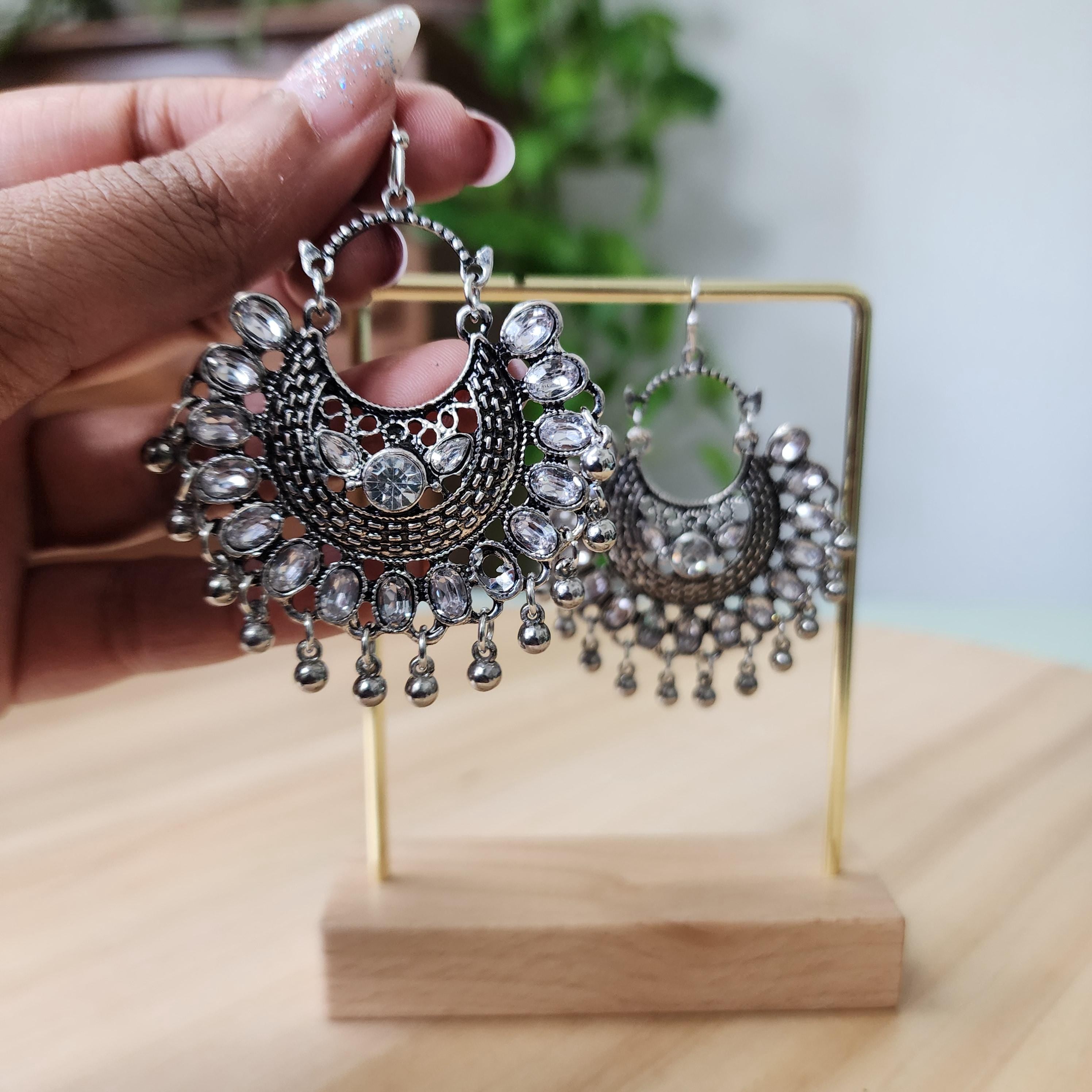 Oxidized Silver Traditional Earrings with Kundan work