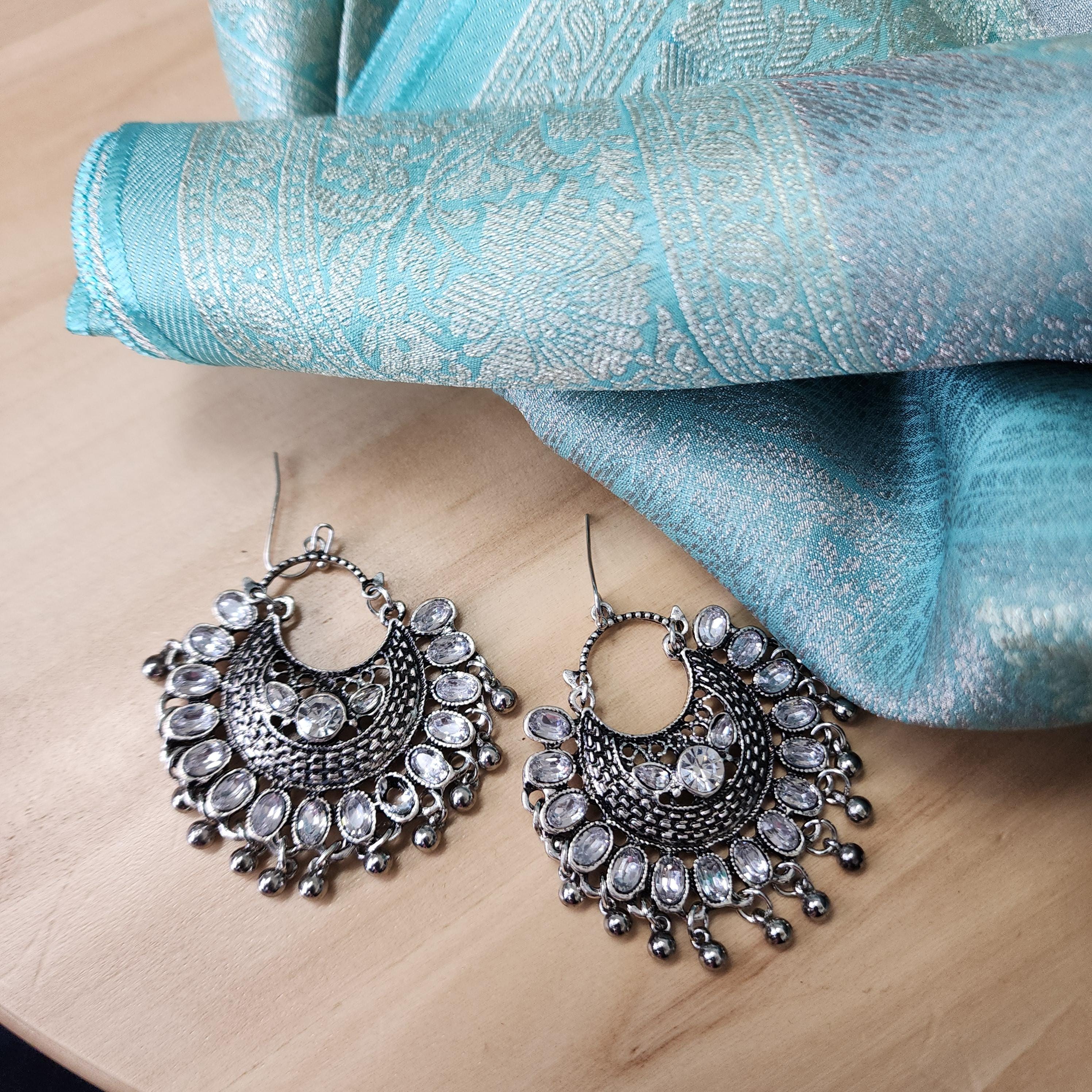 Oxidized Silver Traditional Earrings with Kundan work