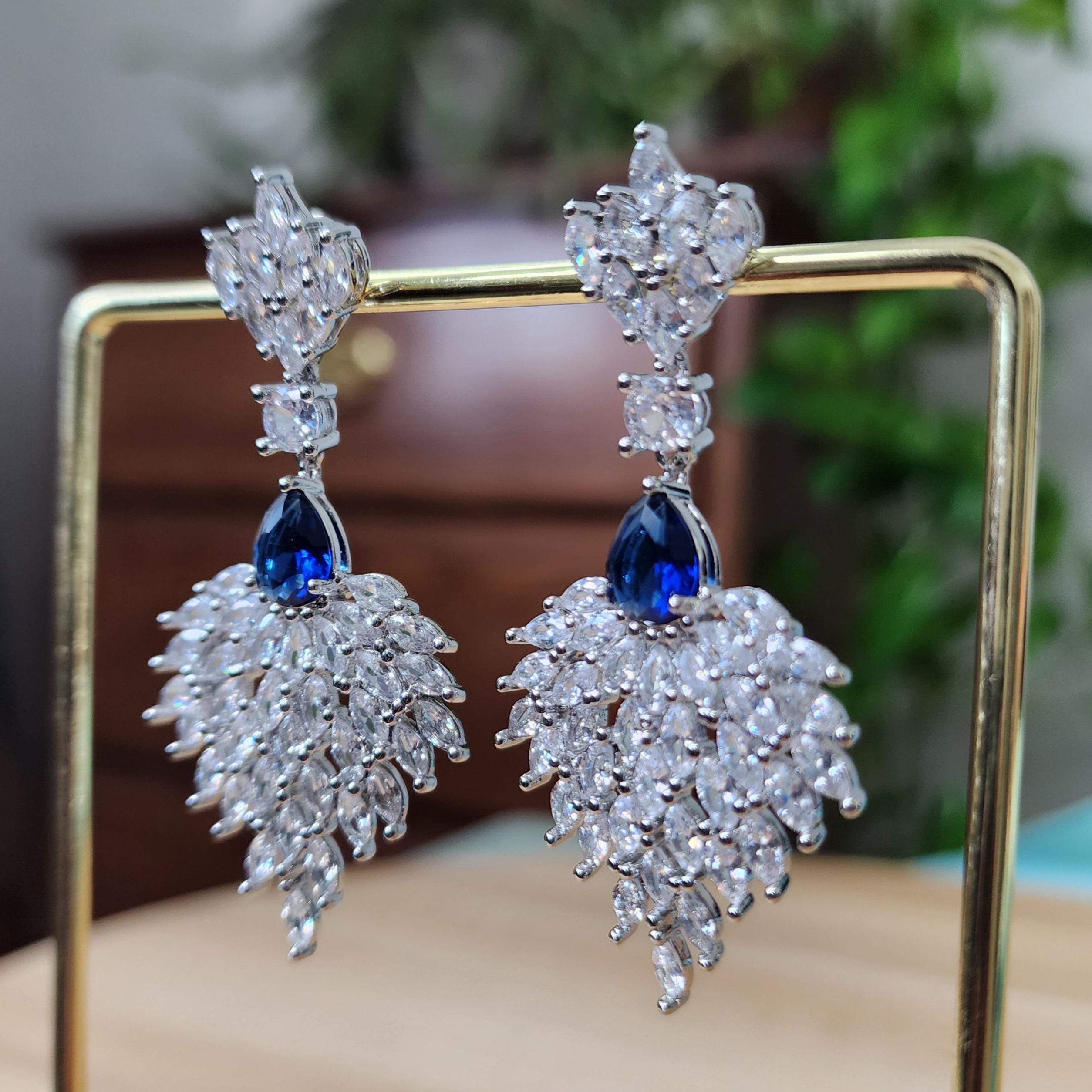 Silver and Blue Chandelier Earrings made with Cubic Zirconia