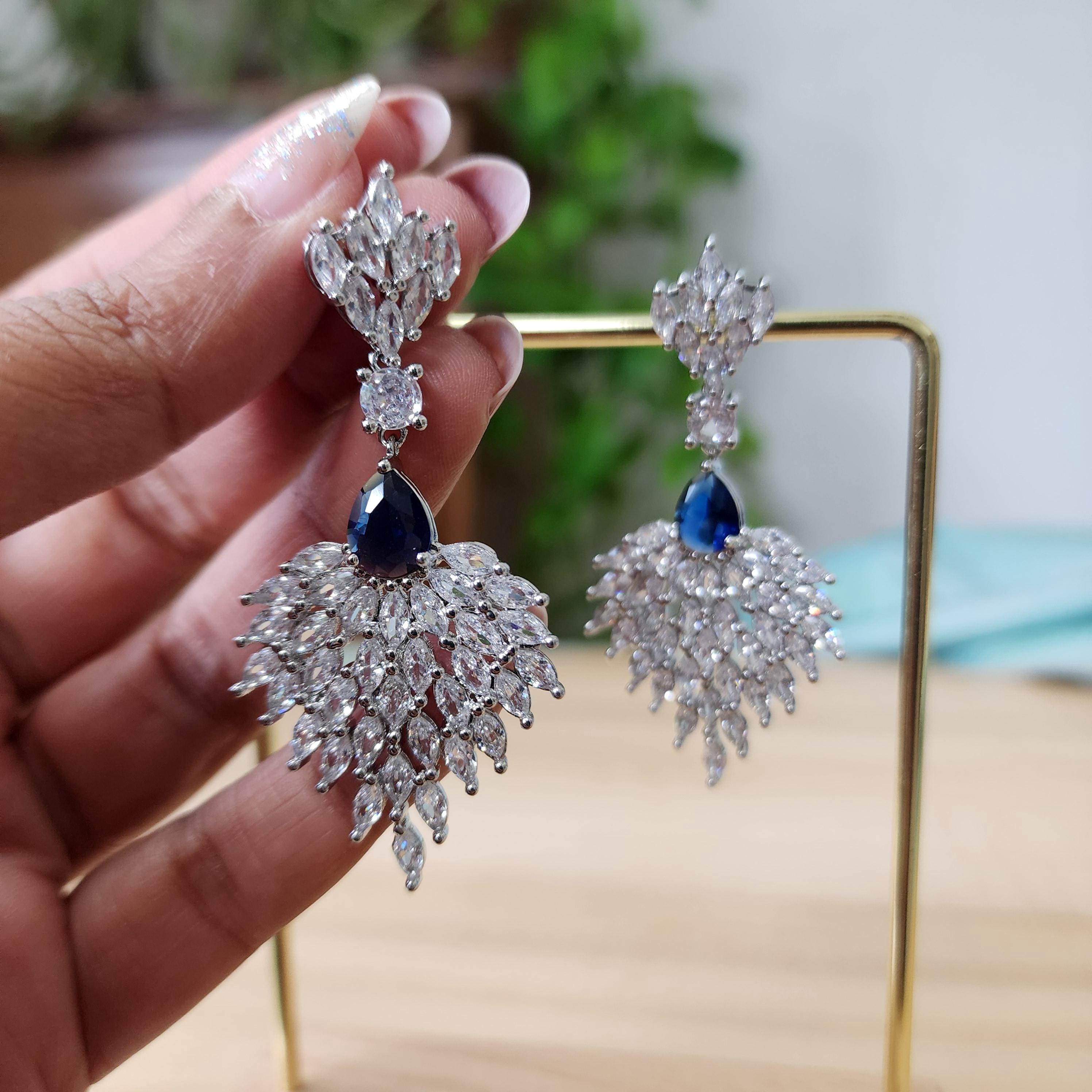 Silver and Blue Chandelier Earrings made with Cubic Zirconia