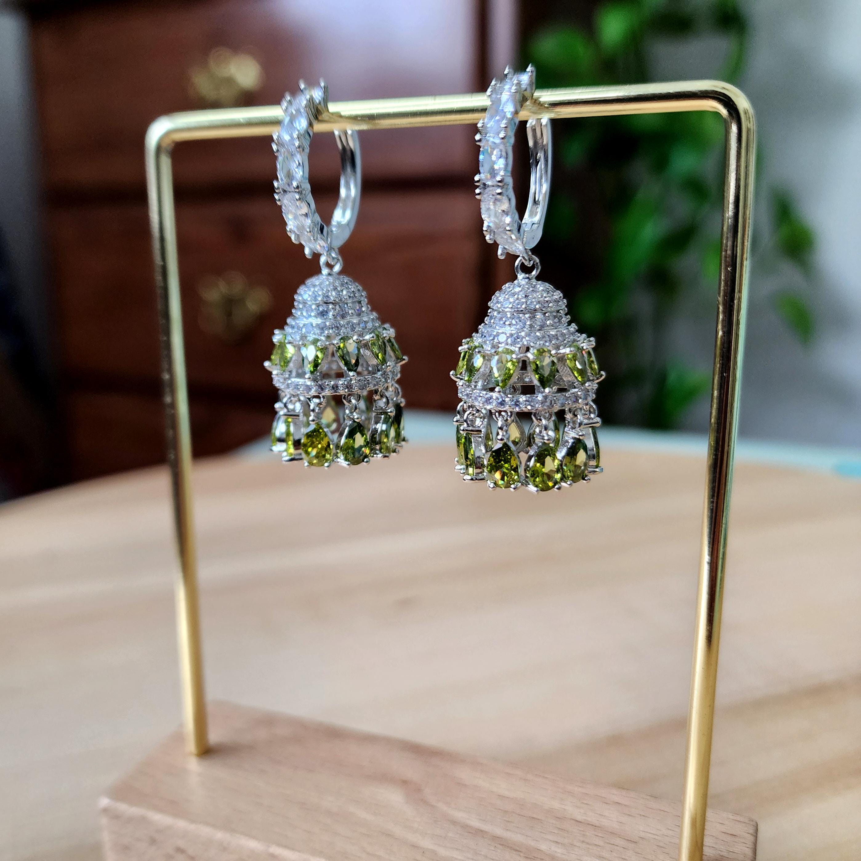 Zirconia Jhumka Earrings with Green stone Teardrops