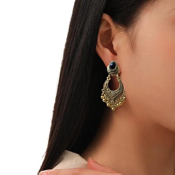 Oxidized Gold Chandbali Earrings with black stone