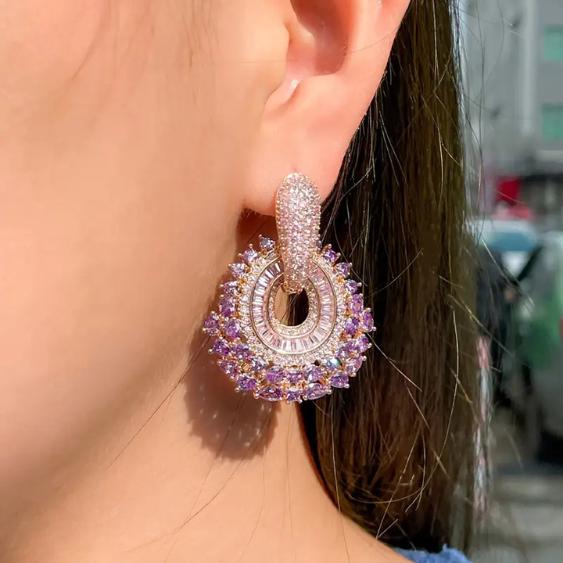 Hoop Earrings with Purple and gold rhinestones