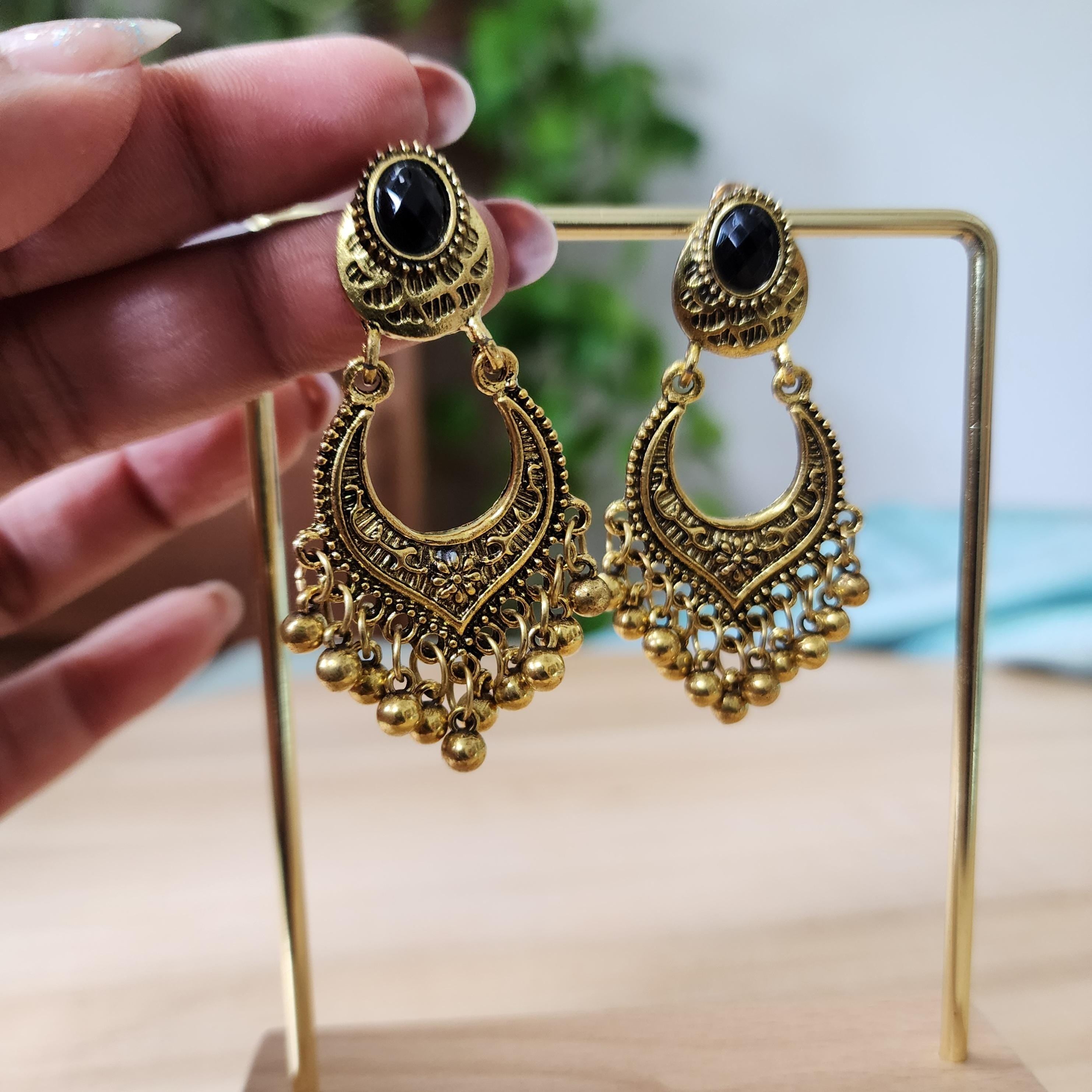 Oxidized Gold Chandbali Earrings with black stone