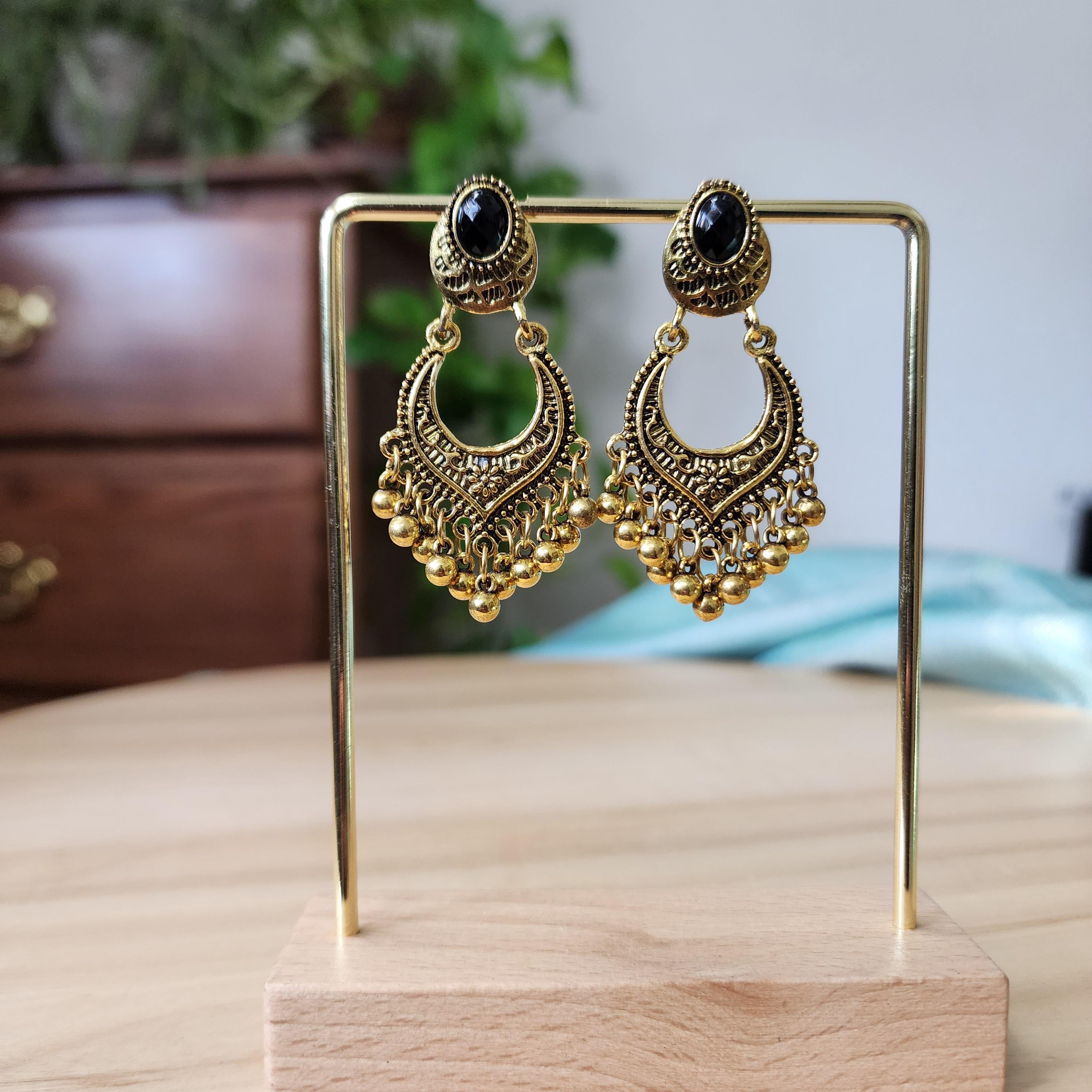 Oxidized Gold Chandbali Earrings with black stone