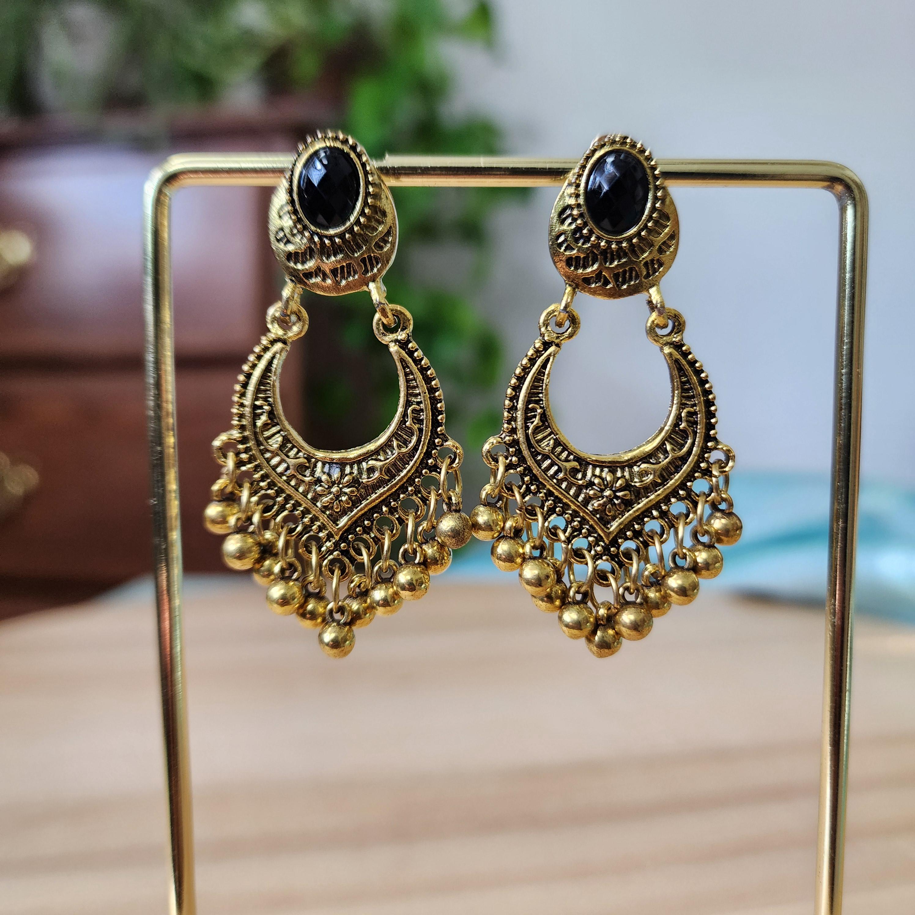 Oxidized Gold Chandbali Earrings with black stone