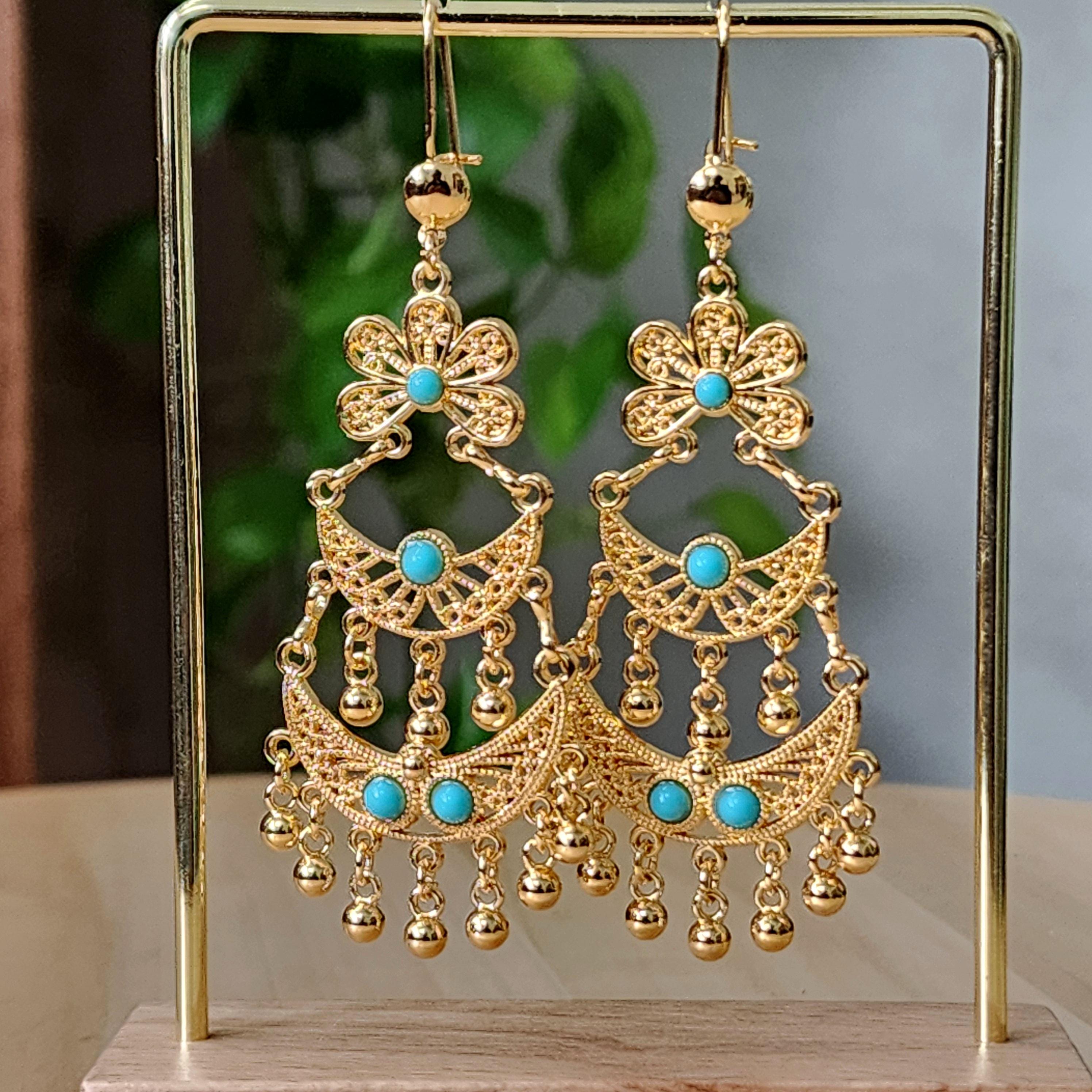 Vintage Style Golden Droplet Earrings with turquoise beads