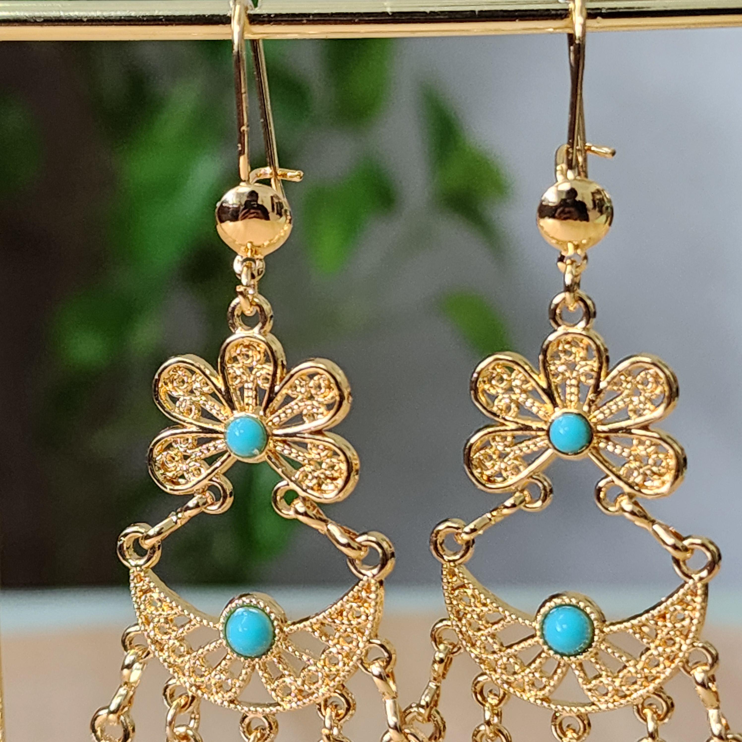 Vintage Style Golden Droplet Earrings with turquoise beads