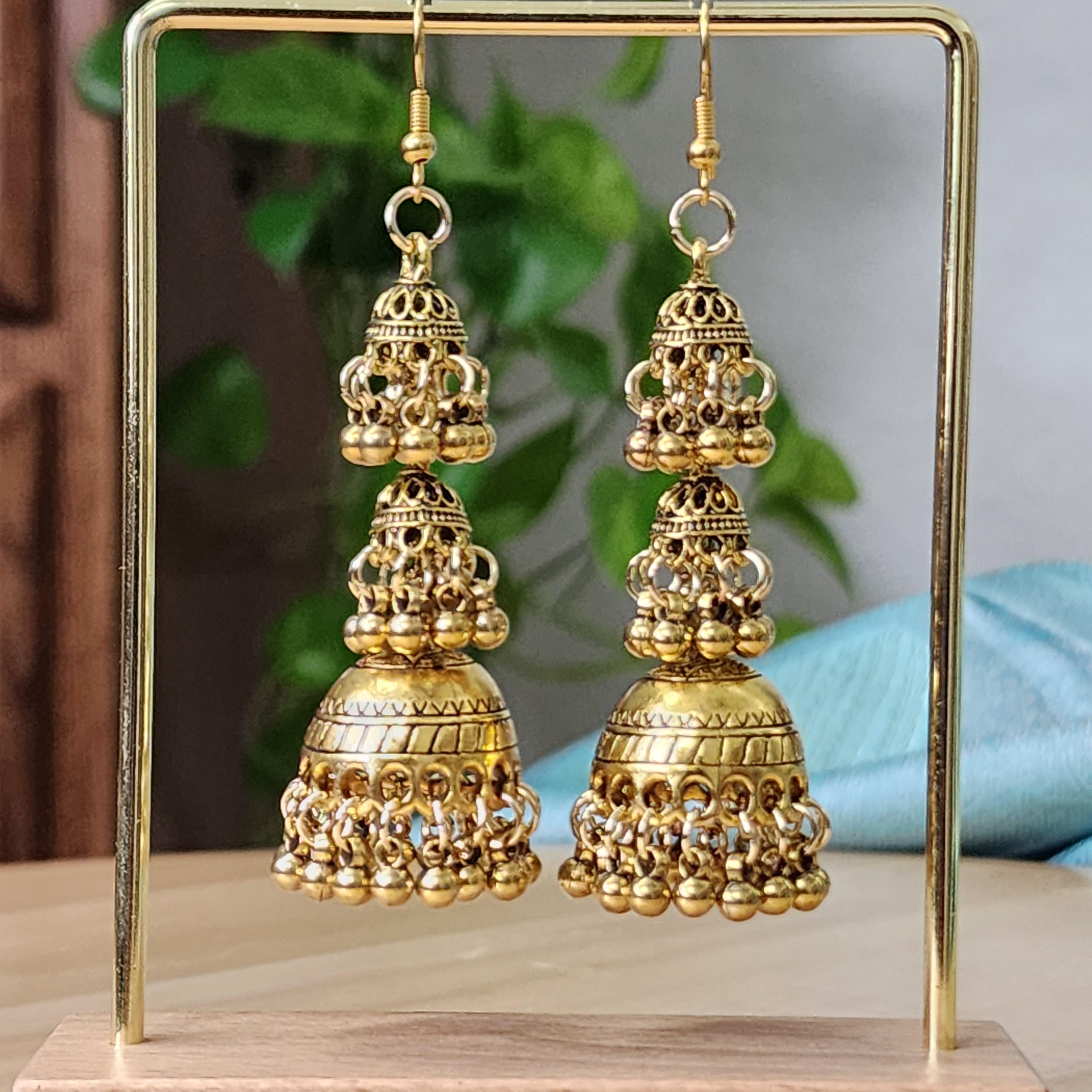 Oxidized Gold Traditional layered Jhumka Earrings