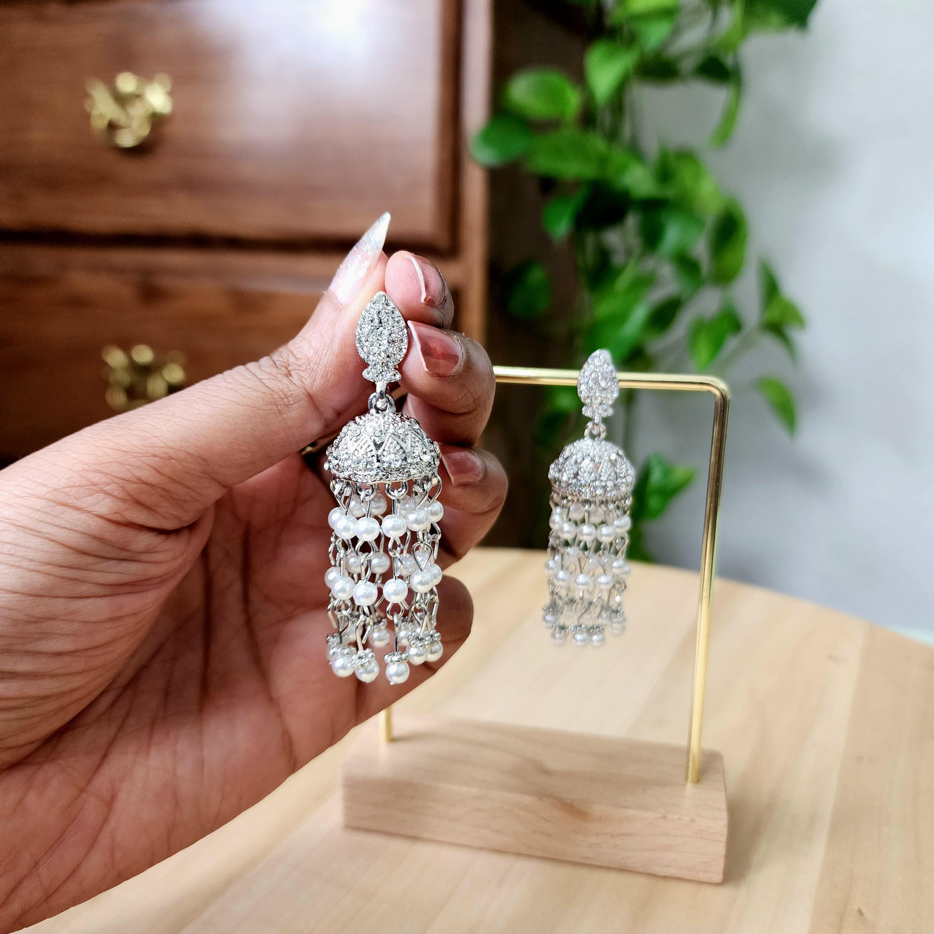 Silver Tall jhumkis with mini pearl tassles