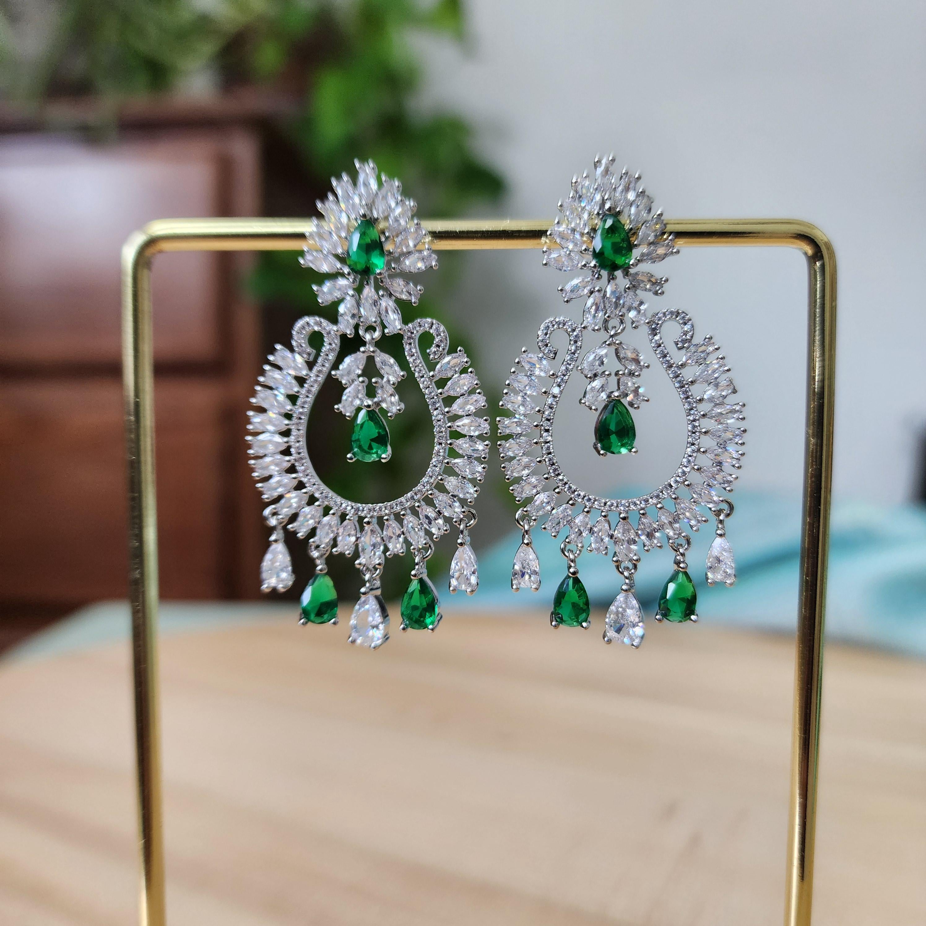 Silver Chandbali with green zirconia