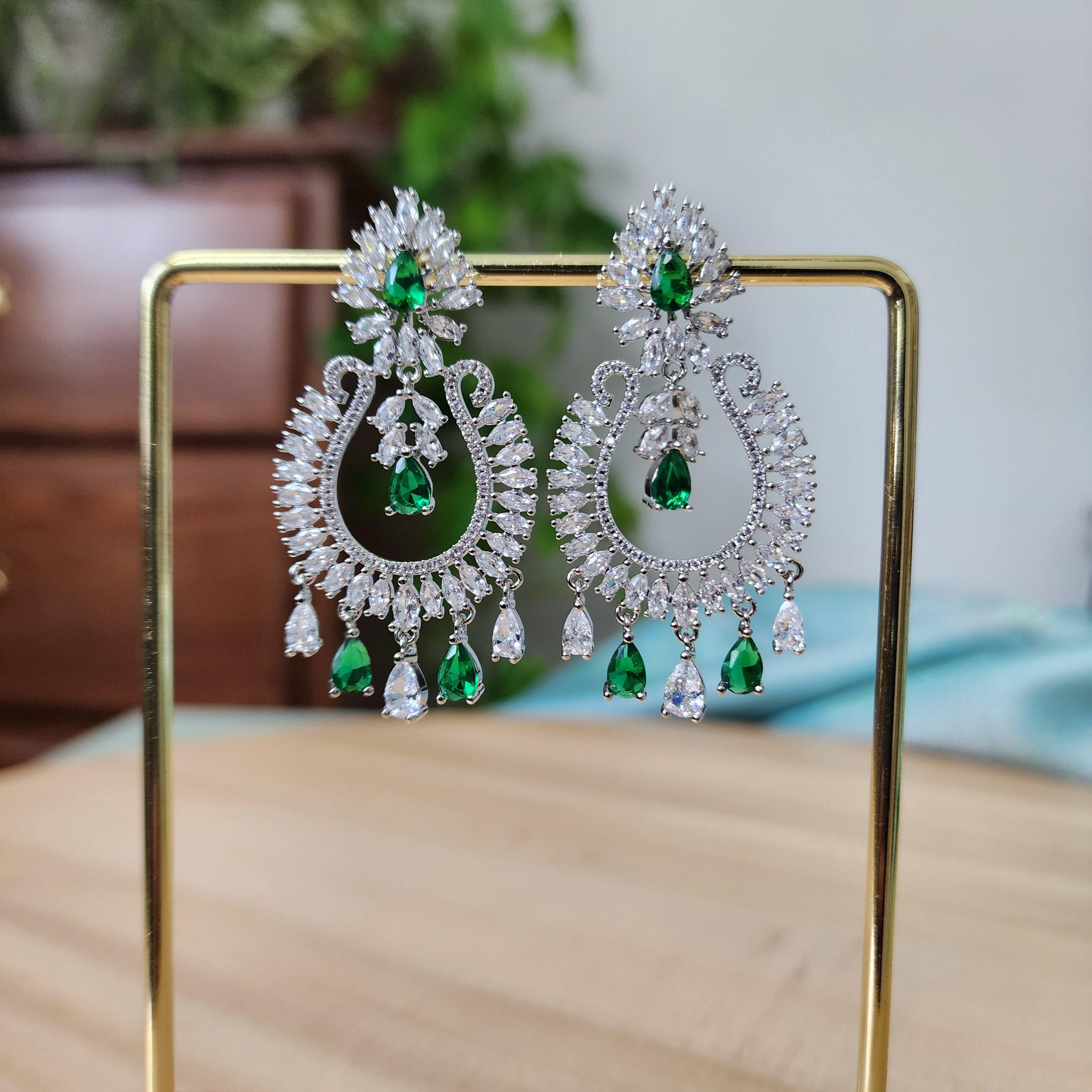 Silver Chandbali with green zirconia