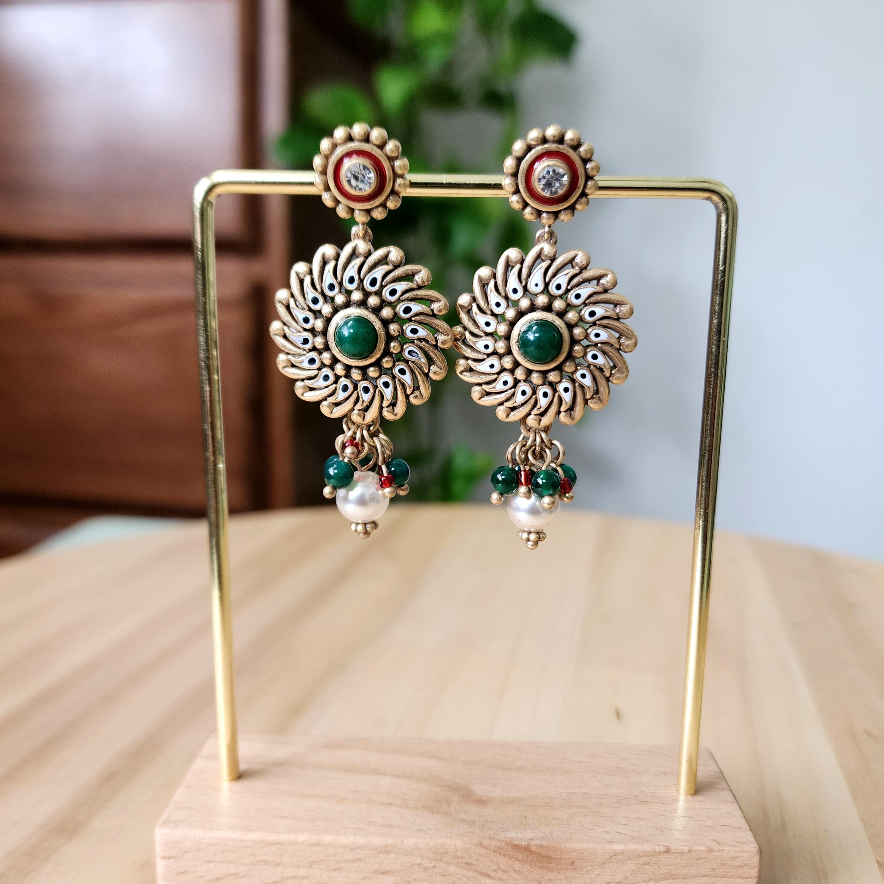 Copper & Gold Traditional Earrings with Kundan and Minakari