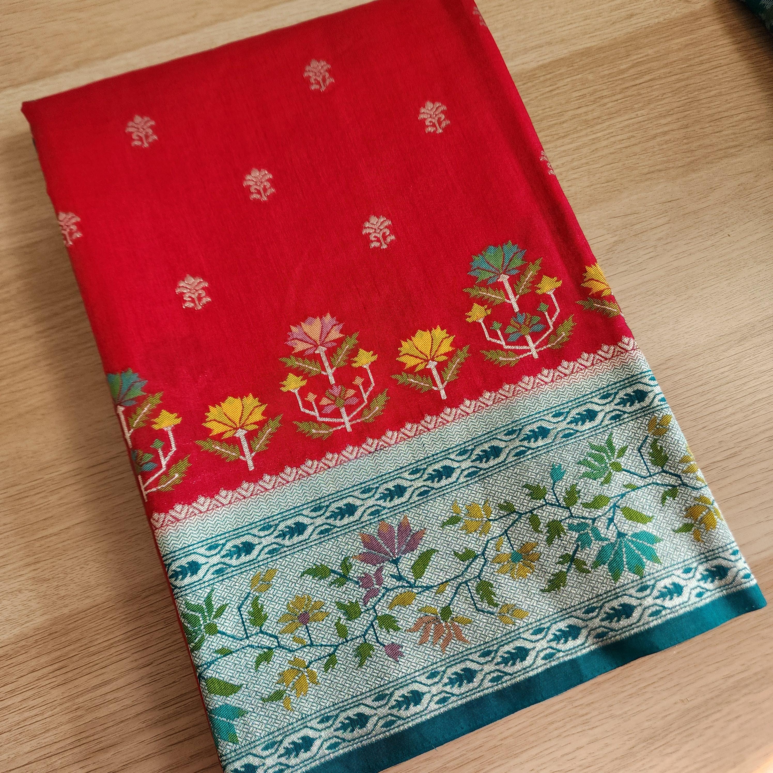 Banarasi Silk Saree Red Meenakari Zari Border & Palla