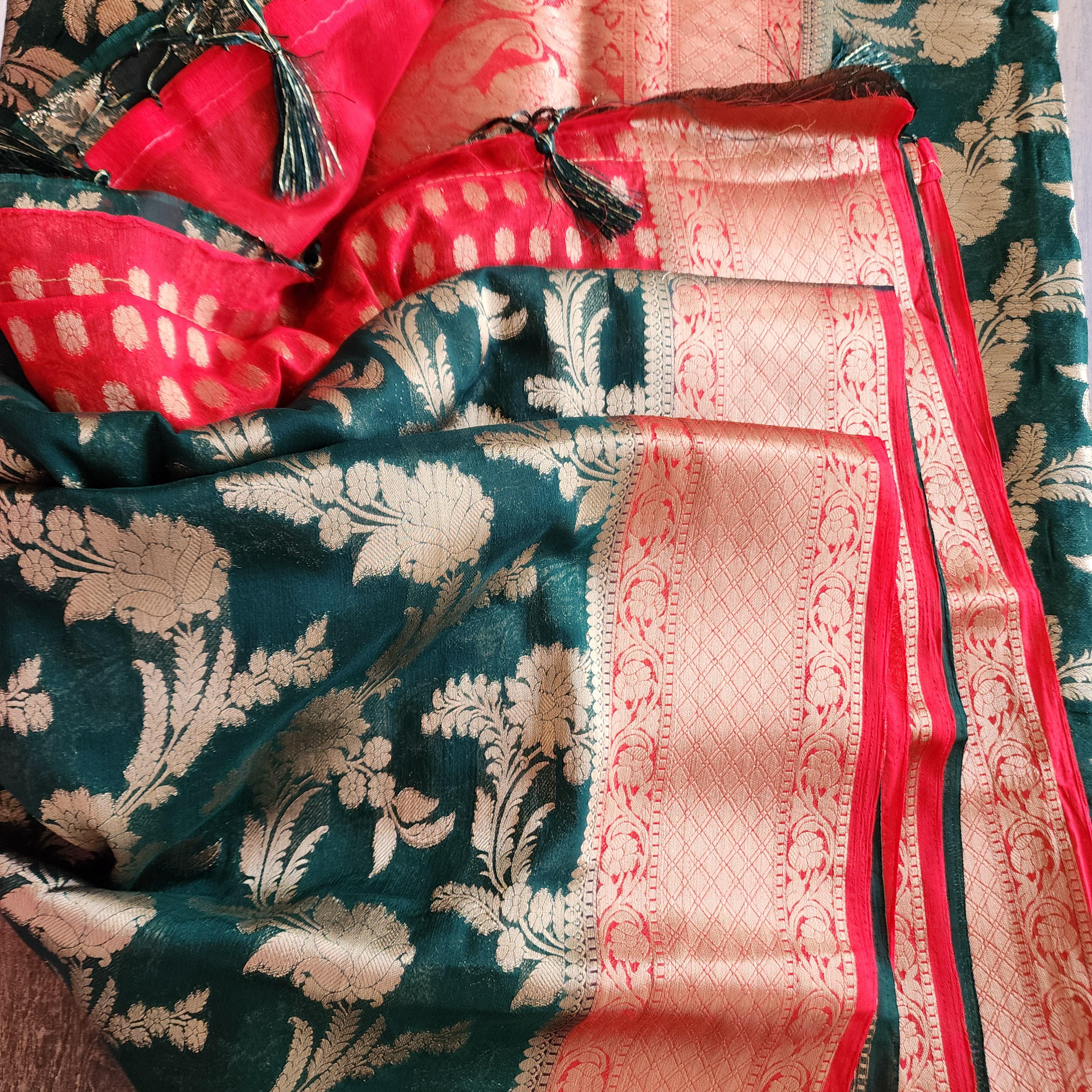 Banarasi Chinon Silk Saree with Green Gold Jaal