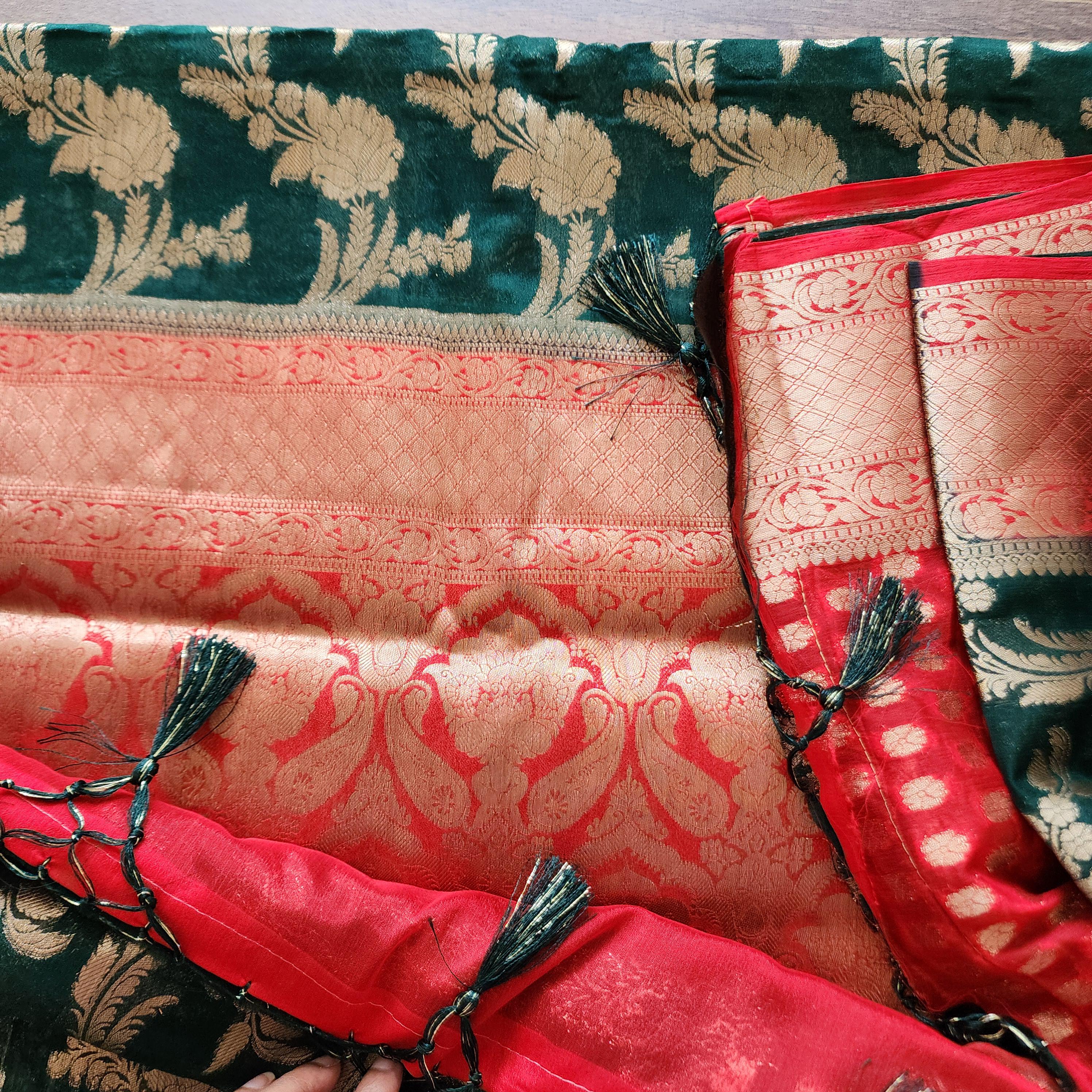 Banarasi Chinon Silk Saree with Green Gold Jaal