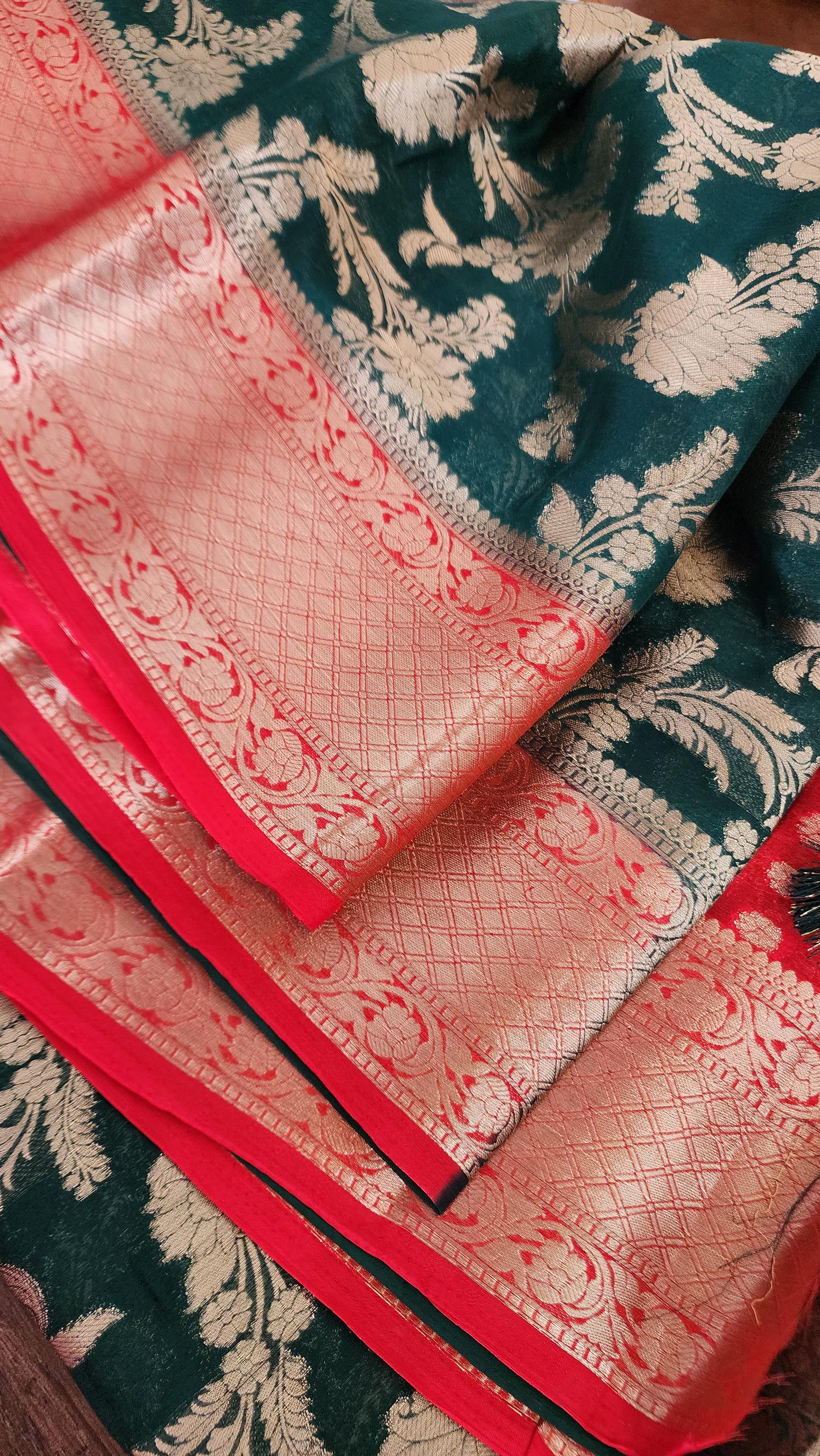 Banarasi Chinon Silk Saree with Green Gold Jaal