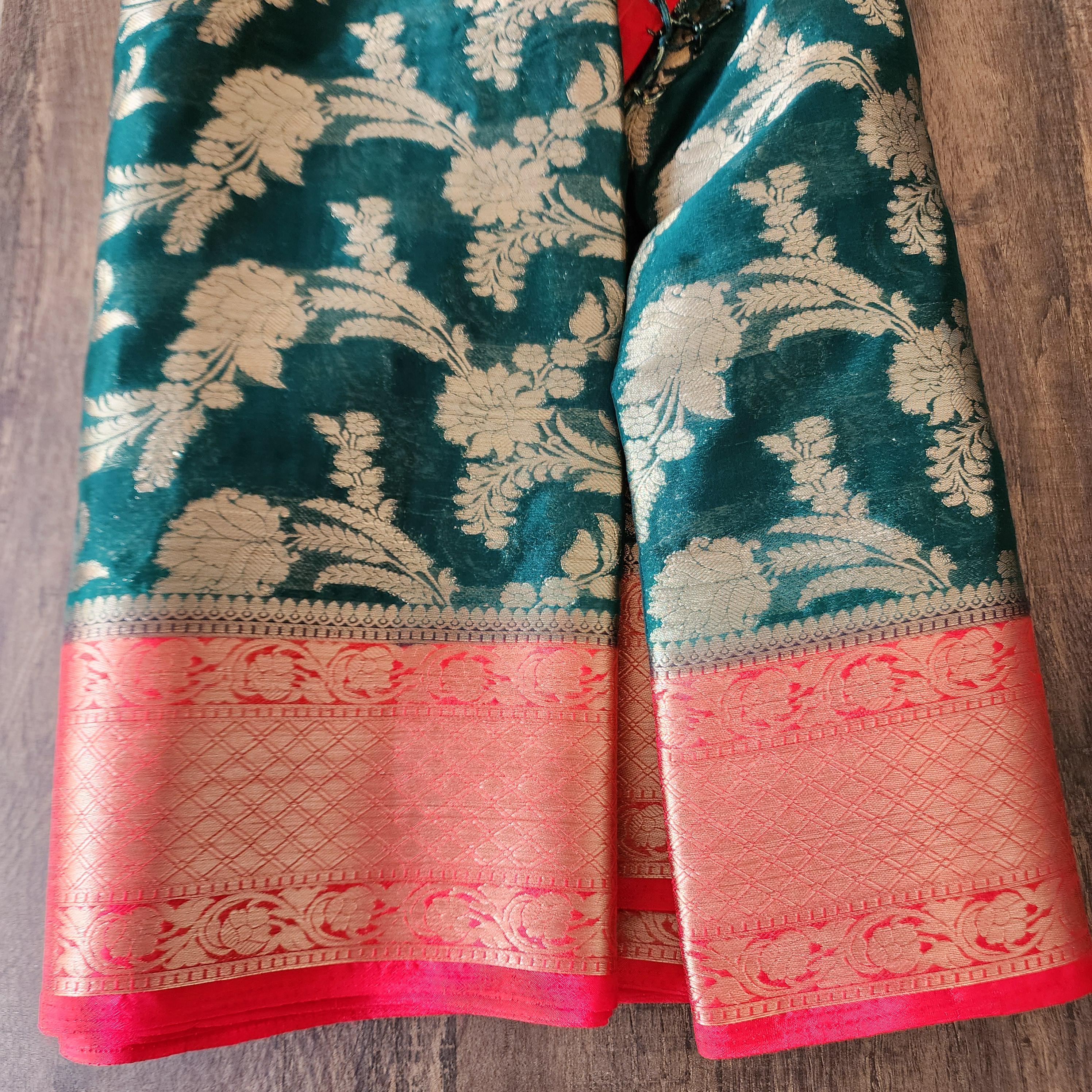 Banarasi Chinon Silk Saree with Green Gold Jaal