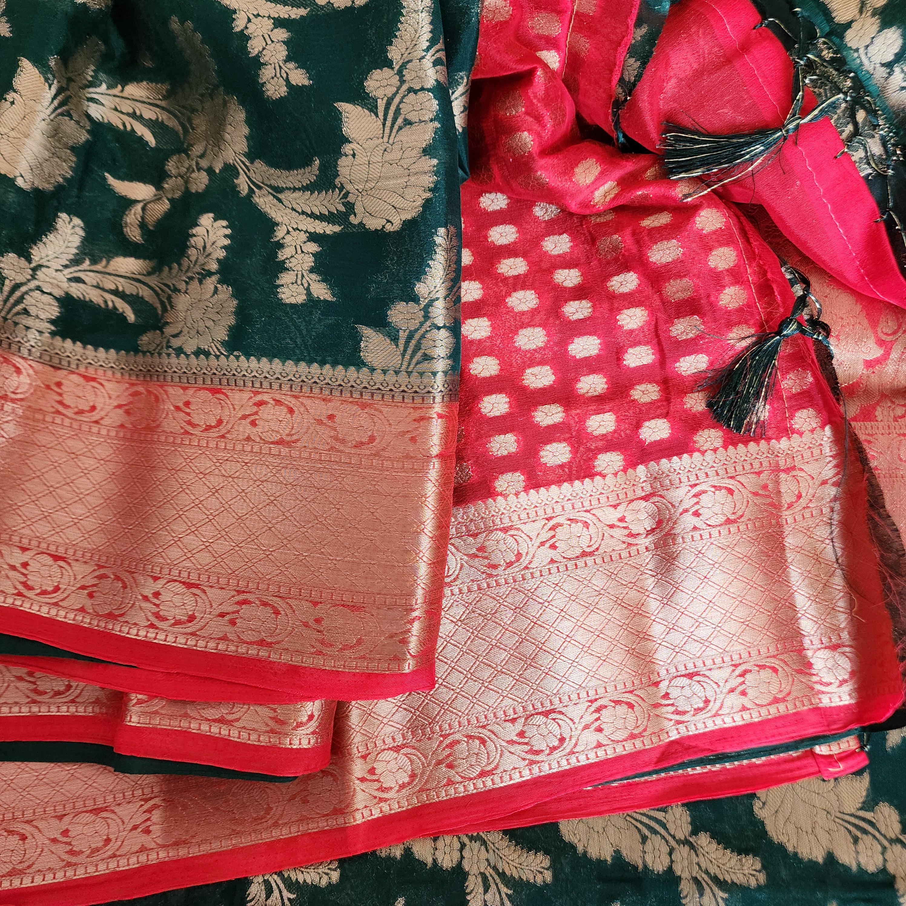 Banarasi Chinon Silk Saree with Green Gold Jaal