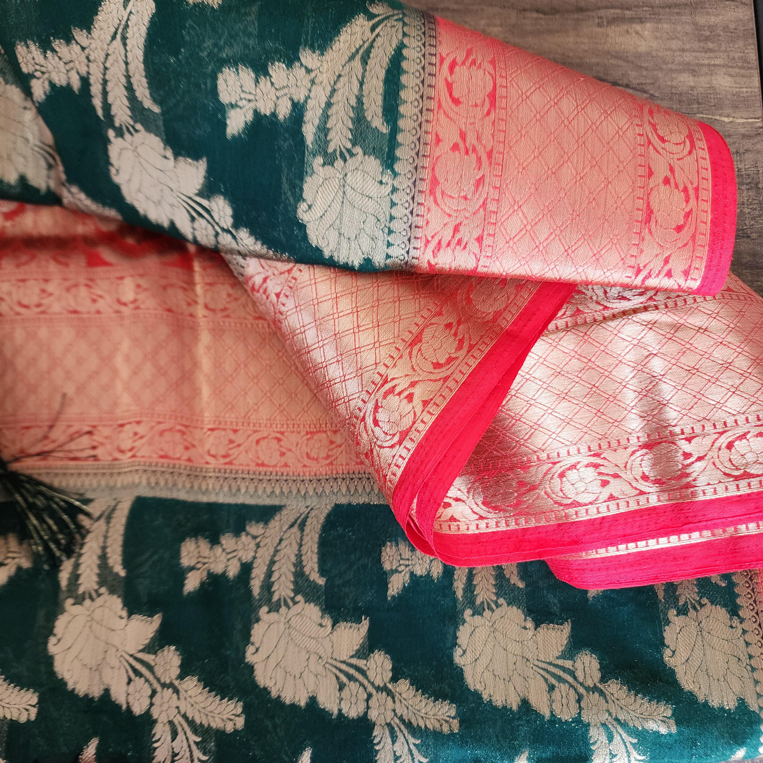 Banarasi Chinon Silk Saree with Green Gold Jaal