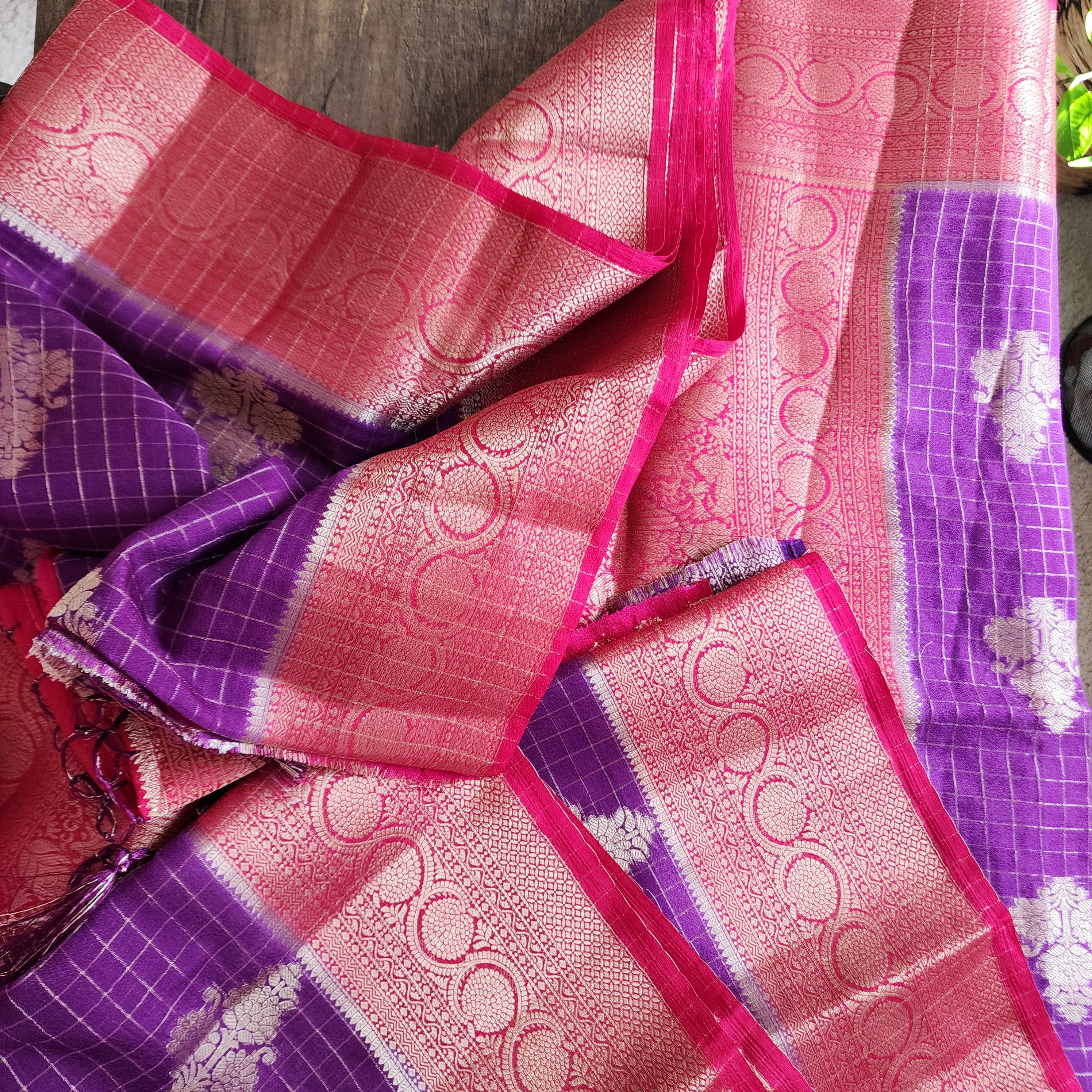 Traditional Purple and Gold Georgette Silk Saree with traditional Red border