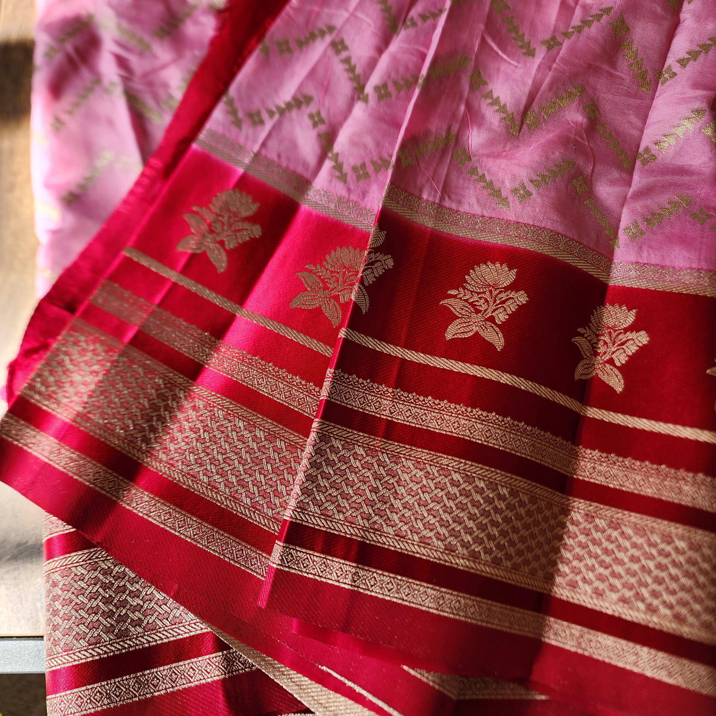 Intricate Pink and Red Banarasi Mashru Silk Saree