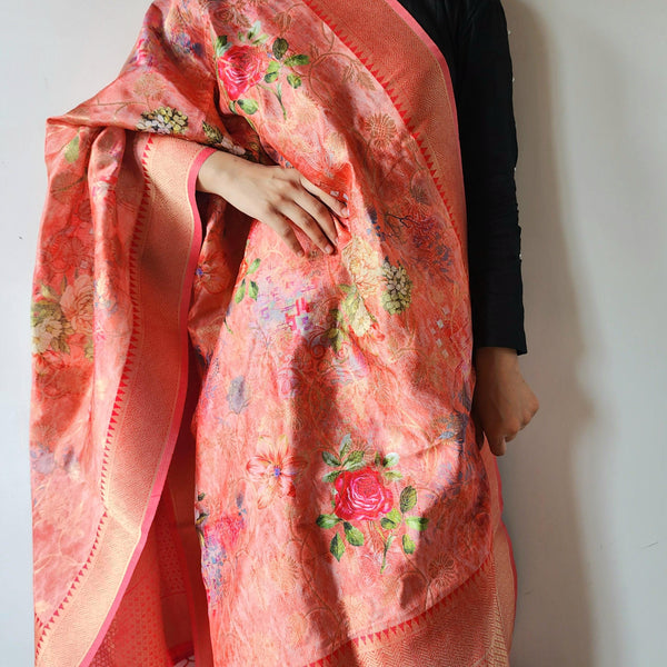 Banarasi Silk royal Red Dupatta with luxurious floral prints