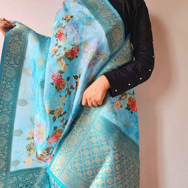 Banarasi Silk Light Blue Dupatta with luxurious floral prints