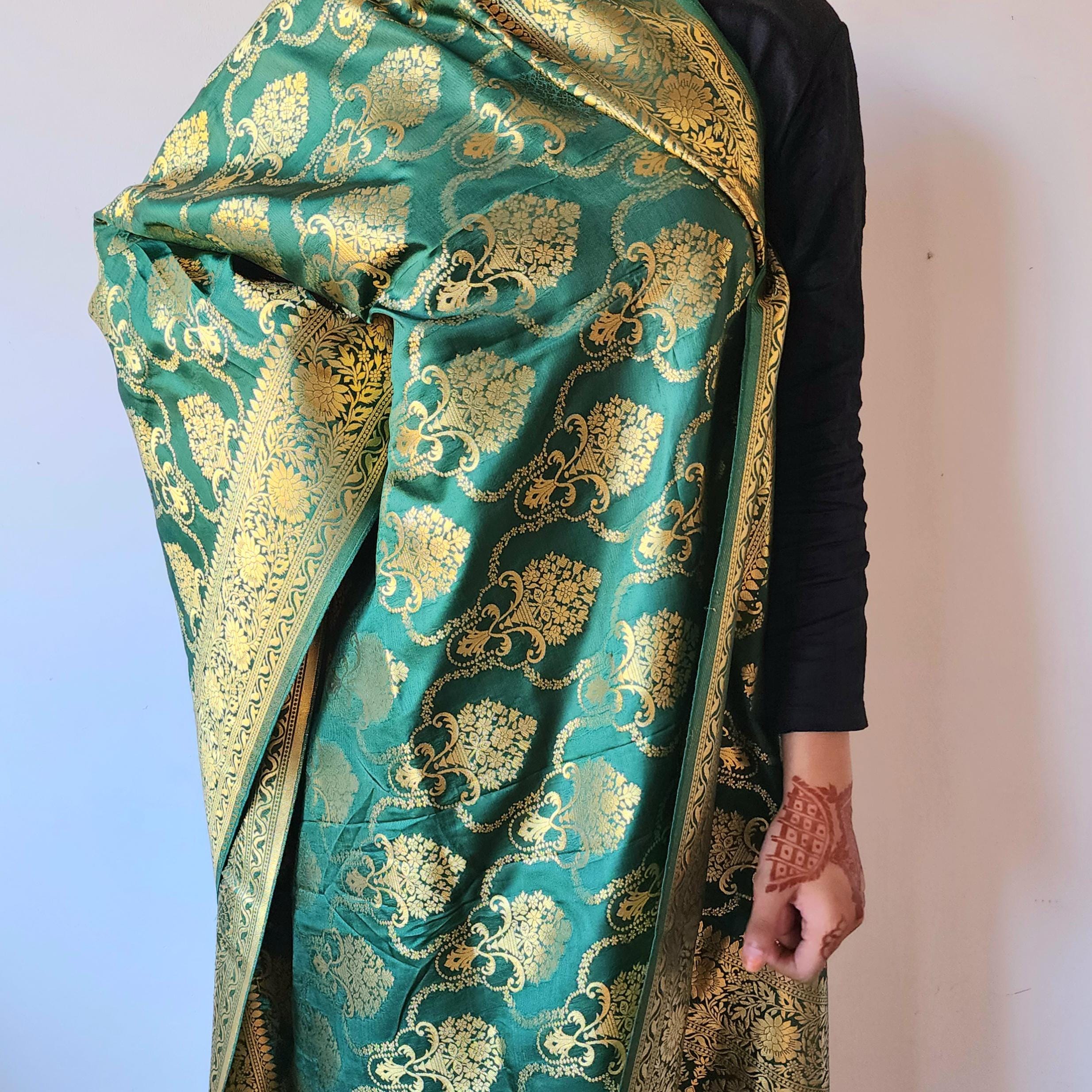 Banarasi Katan Silk Kadhuwa Jaal Dupatta in Bottle Green