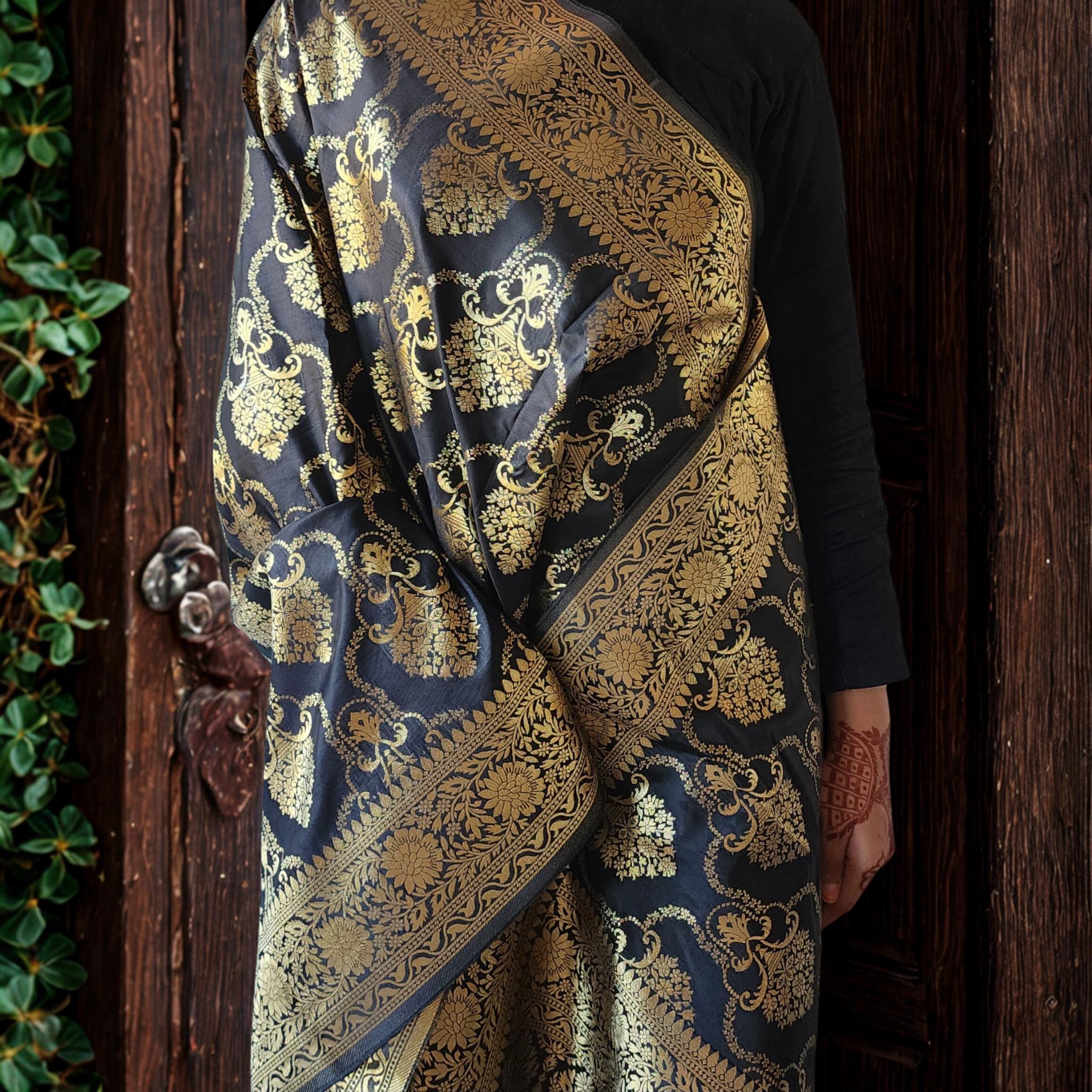 Banarasi Katan Silk Kadhuwa Jaal Dupatta in Black